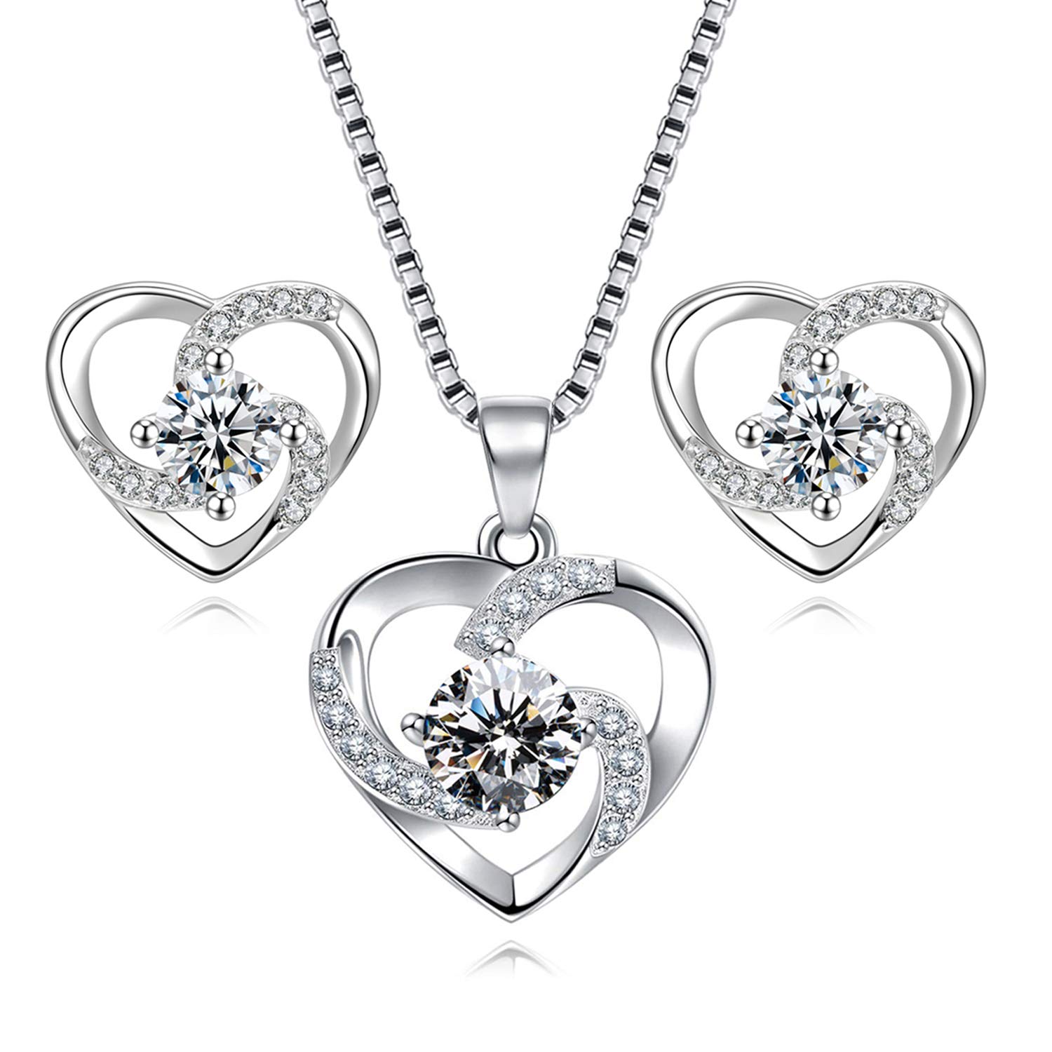 EVERU Silver Jewellery Sets for Women,925 Sterling Silver Heart Necklaces and Earrings Sets with Sparkling AAA Cubic Zirconia (White)