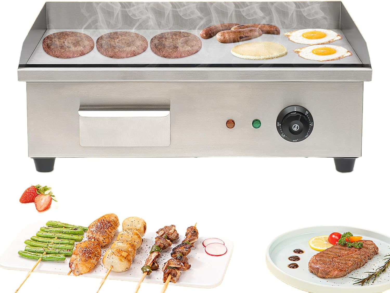 22" Commercial Electric Griddle Countertop Flat Top Griddle Stainless Steel Hibachi Teppanyaki Grill BBQ Plate 122-572℉ Adjustable Temp Control for Restaurant Kitchen,110V (3000W)