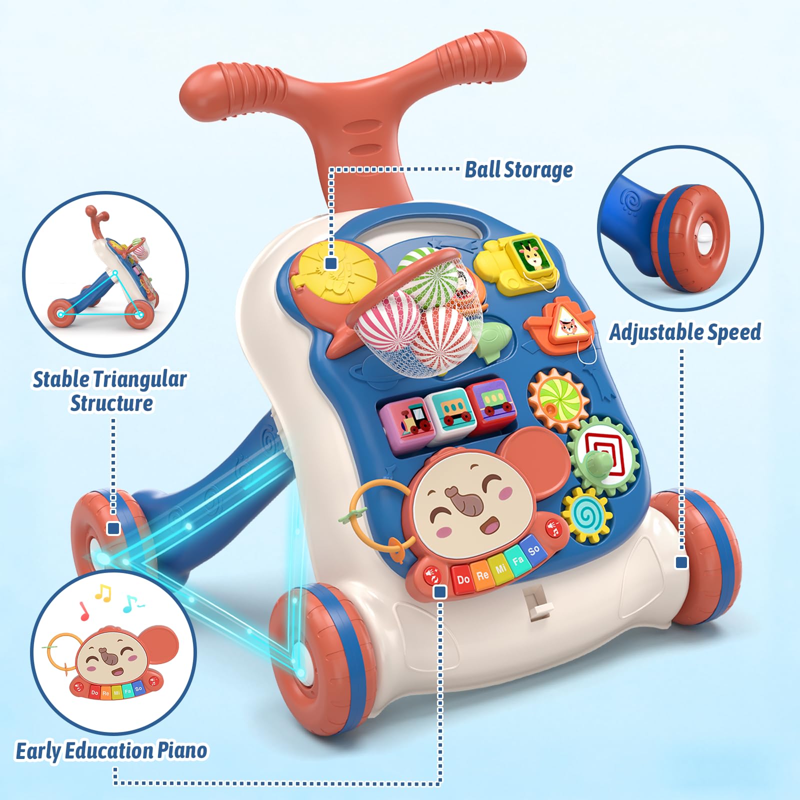 QDRAGON 3 in 1 Lauflernwagen, Baby Lauflernhilfe Mit Regulierbarer Geschwindigkeit, Baby Spiel Gehhilfe Mit Abnehmbarem Spielboard, Baby Walker Für Kinder Von 12-36 Monaten, Blau