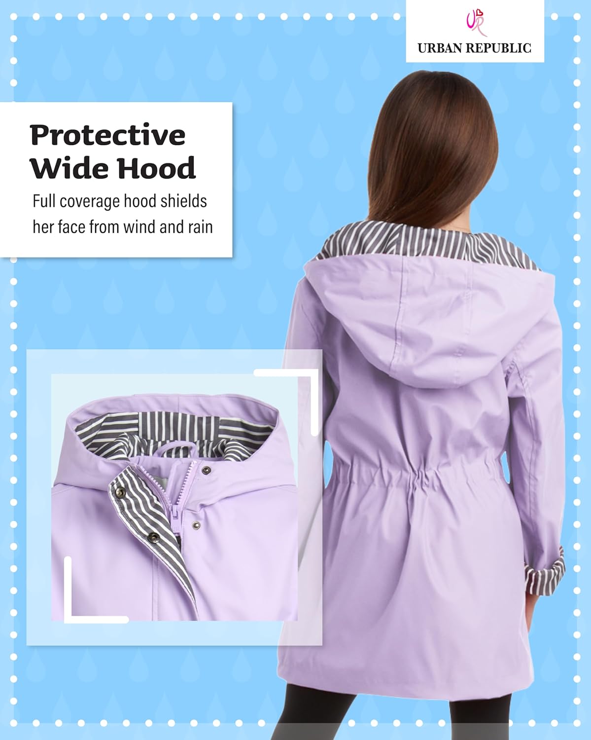 URBAN REPUBLIC Girls Rain Jacket - Slicker Shell Wind & Water Resistant Lightweight Rain Coats for Girls with Pockets (7-16) - Image 5