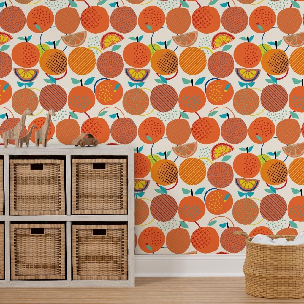 Removable Wallpaper 3ft x 2ft - Fresh Oranges Cute Bright Orange Fruit Modern Abstract Citrus Custom Pre-Pasted Wallpaper by Spoonflower