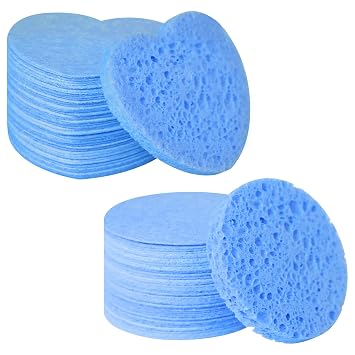 Facial Sponges Compressed Natural Cellulose Sponge Spunspon Round/Heart Shape Face Sponge for Face Cleansing Exfoliating and Makeup Removal 100 Count / 2 - Pack, Blue