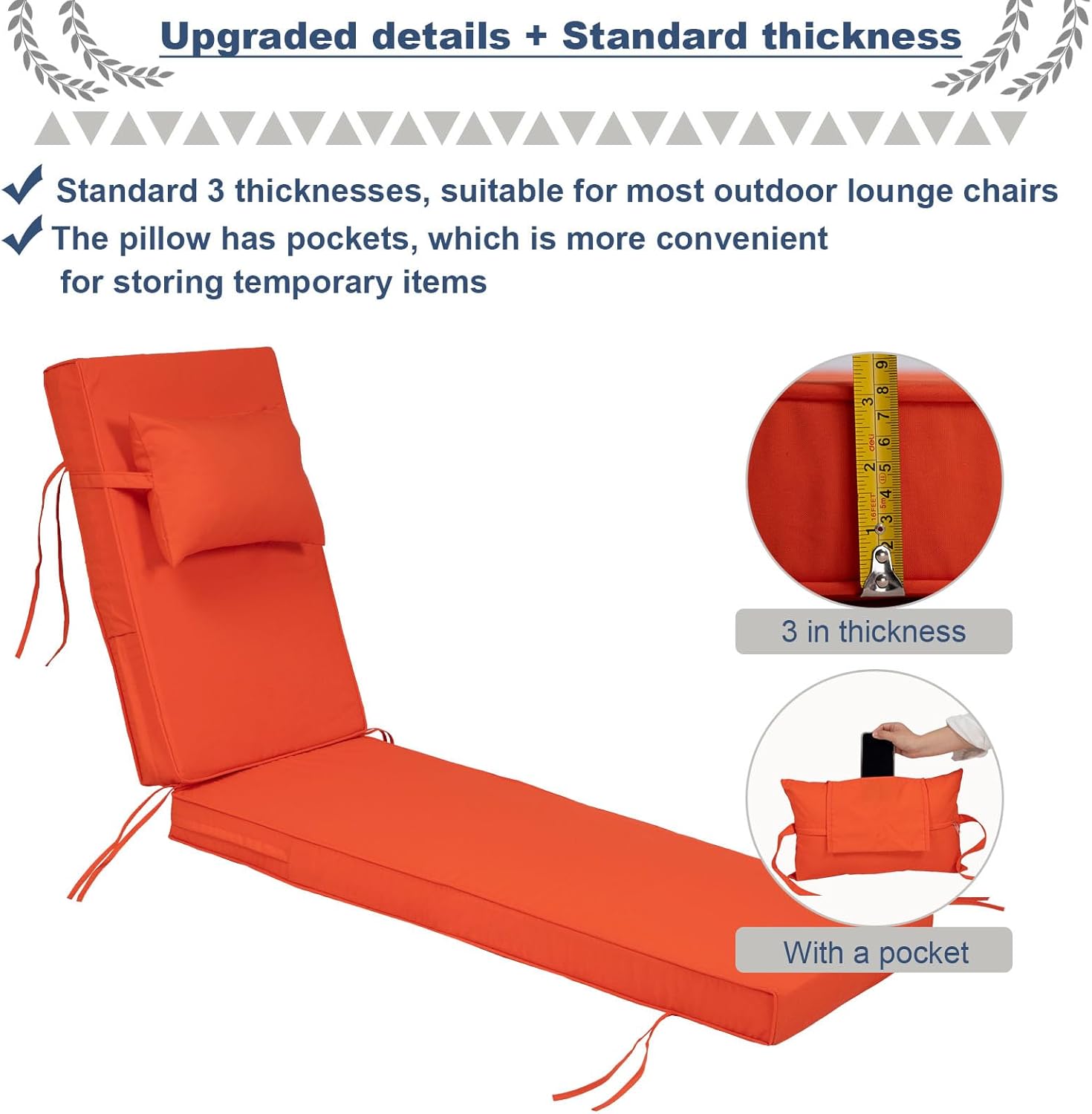 Actualaction 2Pcs Set Outdoor Lounge Chair Cushions, 80 Inch Outdoor Furniture Lounge Chair Cushions, Lounge Chair Seat Cushions with PP Cotton Pillow and Thick Cushion (2pc-Orange, 72 * 21 * 3 inch) 2pc-orange 72*21*3 inch