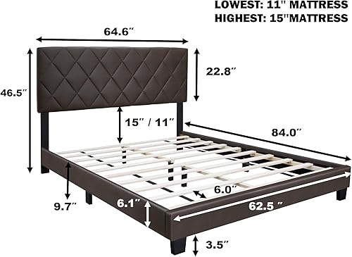 Miniatura 2 de Cama tapizada de plataforma tamaño Queen con cabecera ajustable, marco de cama de madera maciza con cabecero estilo enrejado y soporte de listones