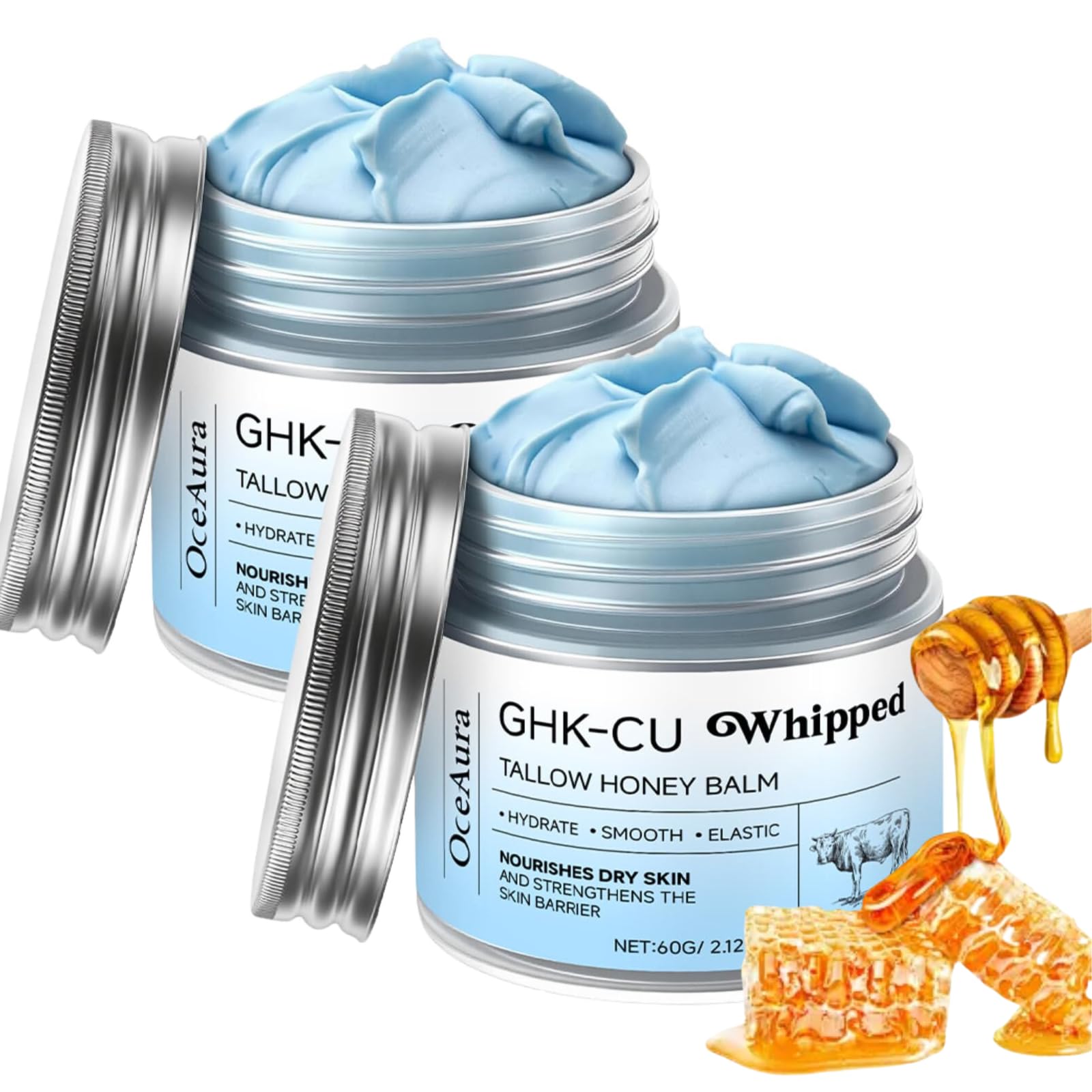 2PCS GHK-CU Copper Peptides Beef Tallow for Skin Care-Tallow and Honey Balm,Tallow Face Cream,Tallow Face Moisturizer, Organic Grass-Fed Whipped Tallow Balm with Raw Honey,Deep Hydration for Face&Body Beauty