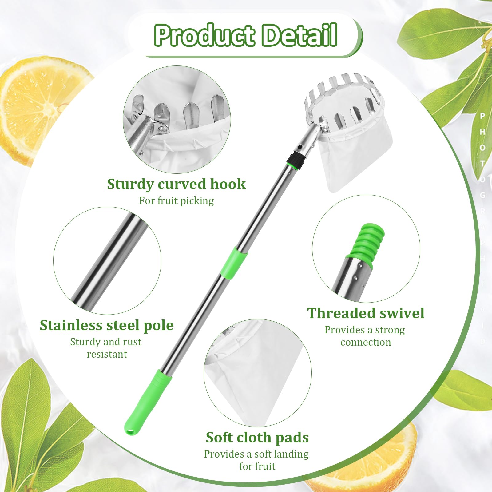 PRZRAO 4m Recogedor de Frutas con Telescópico, Recogedor de Frutas Diámetro 16 cm Recogedor de Manzanas con Pértiga Telescópica Ligera de Acero Inoxidable y Bolsa de Algodón para Manzanas Cítricos