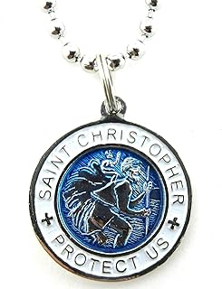 St. Christopher Surf Medal Necklace Pendant, Protector of Travel am/wh Aquamarine/White Small