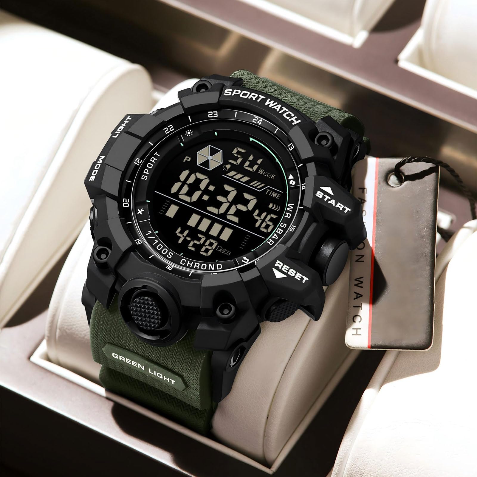 findtime Reloj de pulsera digital para hombre, resistente al agua, 5 ATM, resistente al agua, táctico, resistente con fecha, alarma, luz nocturna, resistente a los golpes