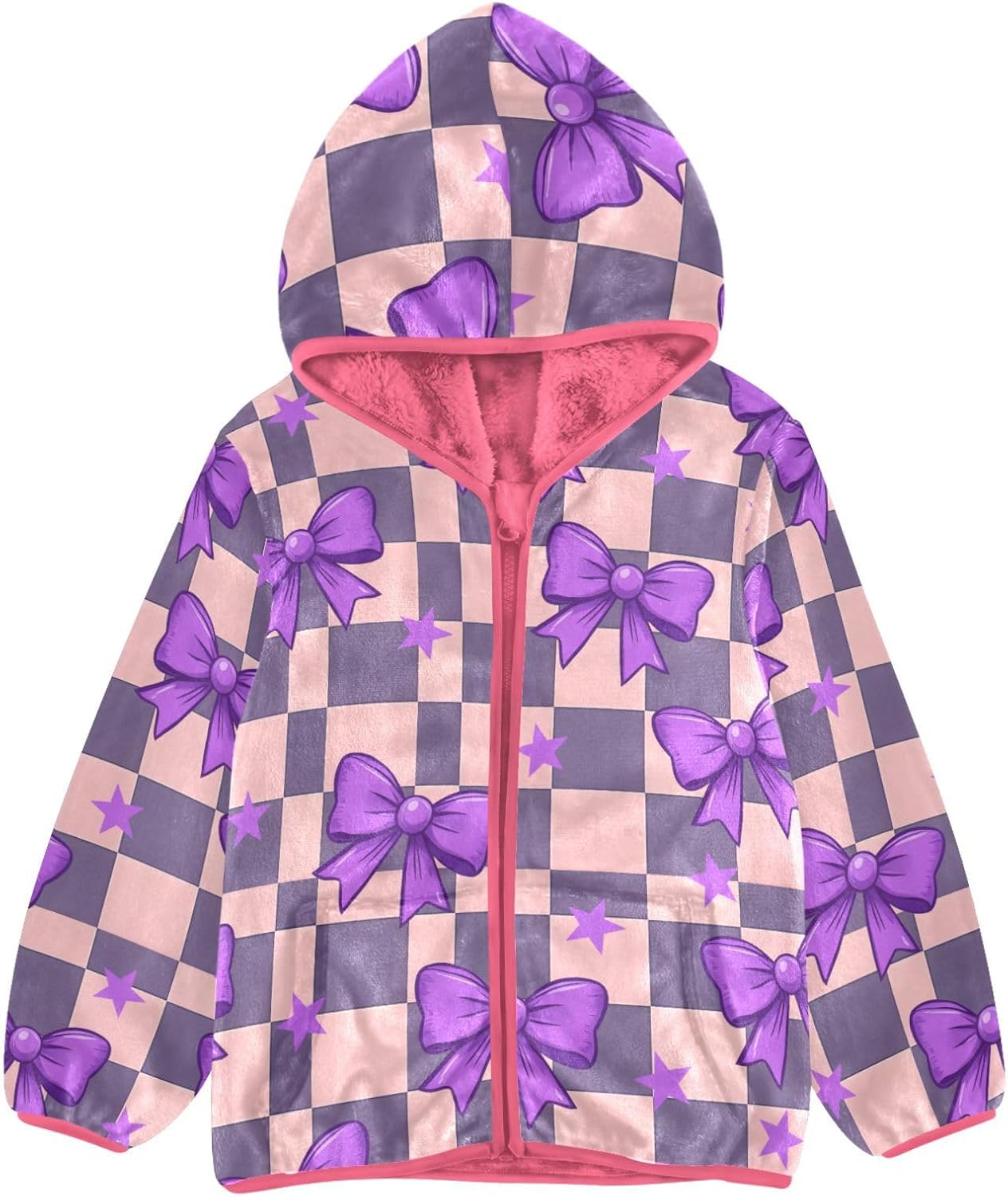 Girls Hoodie Outfit Purple Bow Purple-pink Checkerboard Pattern Zipper Sweatshirt Coat Fleece Jacket for Kids 3-10T