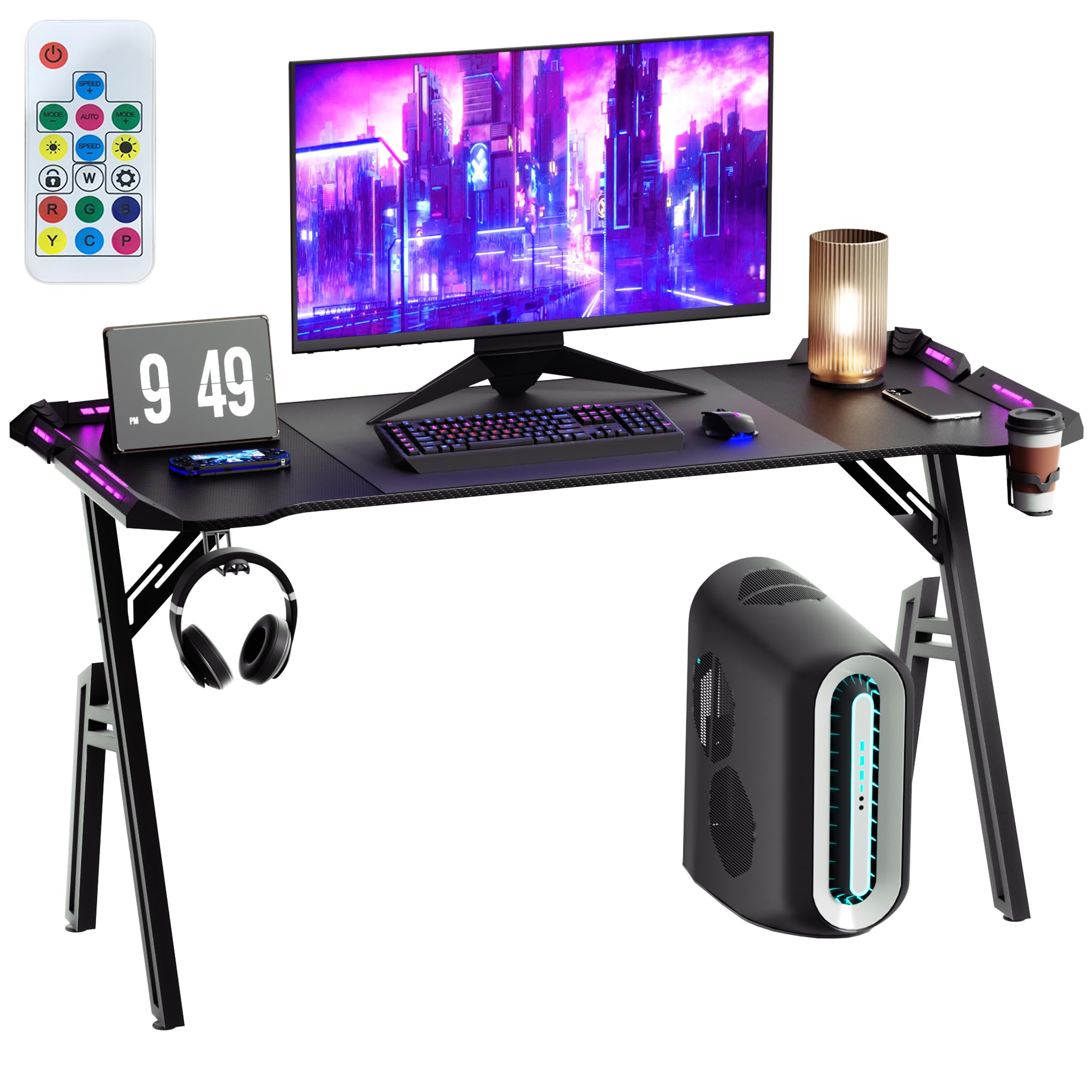 AufuN Escritorio para Videojuegos con LED Bureau Gaming Table Gaming, Mesa de Gaming, 140 x 60 cm, Estable para PC con Revestimiento de Fibra de Carbono, Mesa ergonómica para Gaming