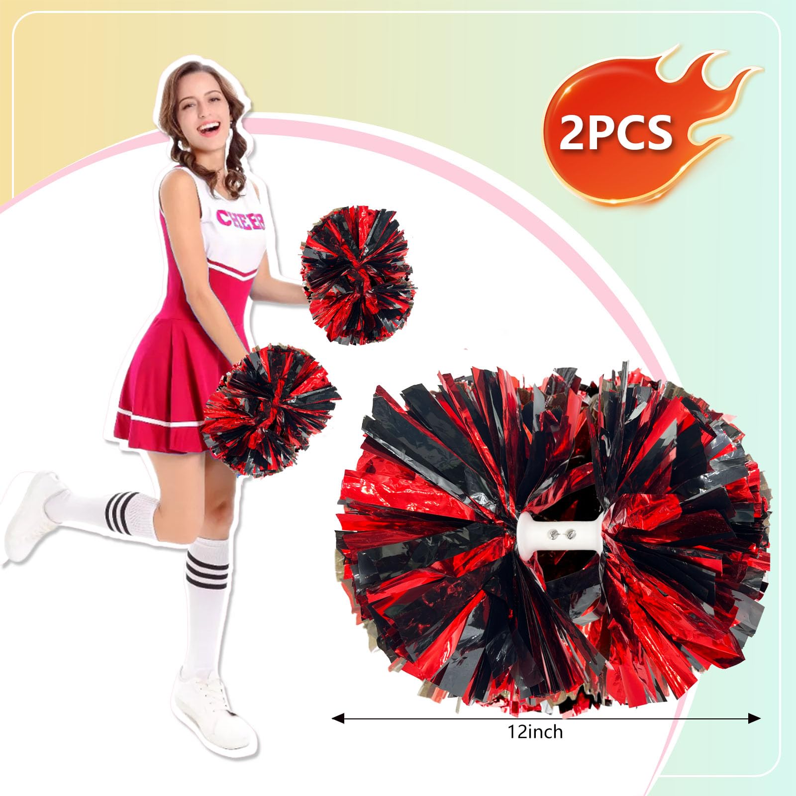 Pompon cheerleader neri e rossi 30,5 cm metallizzati con manico a bacchetta
