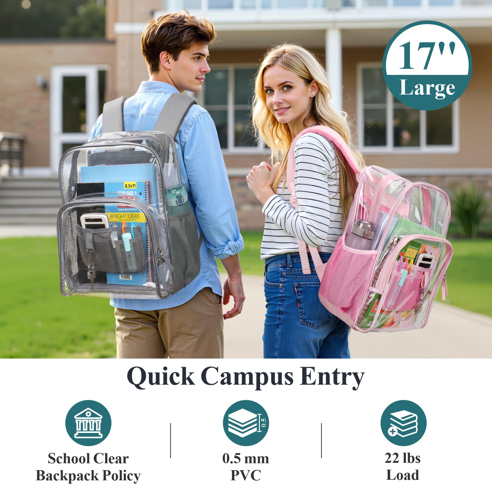 PACKISM Clear Backpack - 17 inch Heavy Duty Clear Backpacks for School, Large Transparent Bookbag for Students (Age 12+)