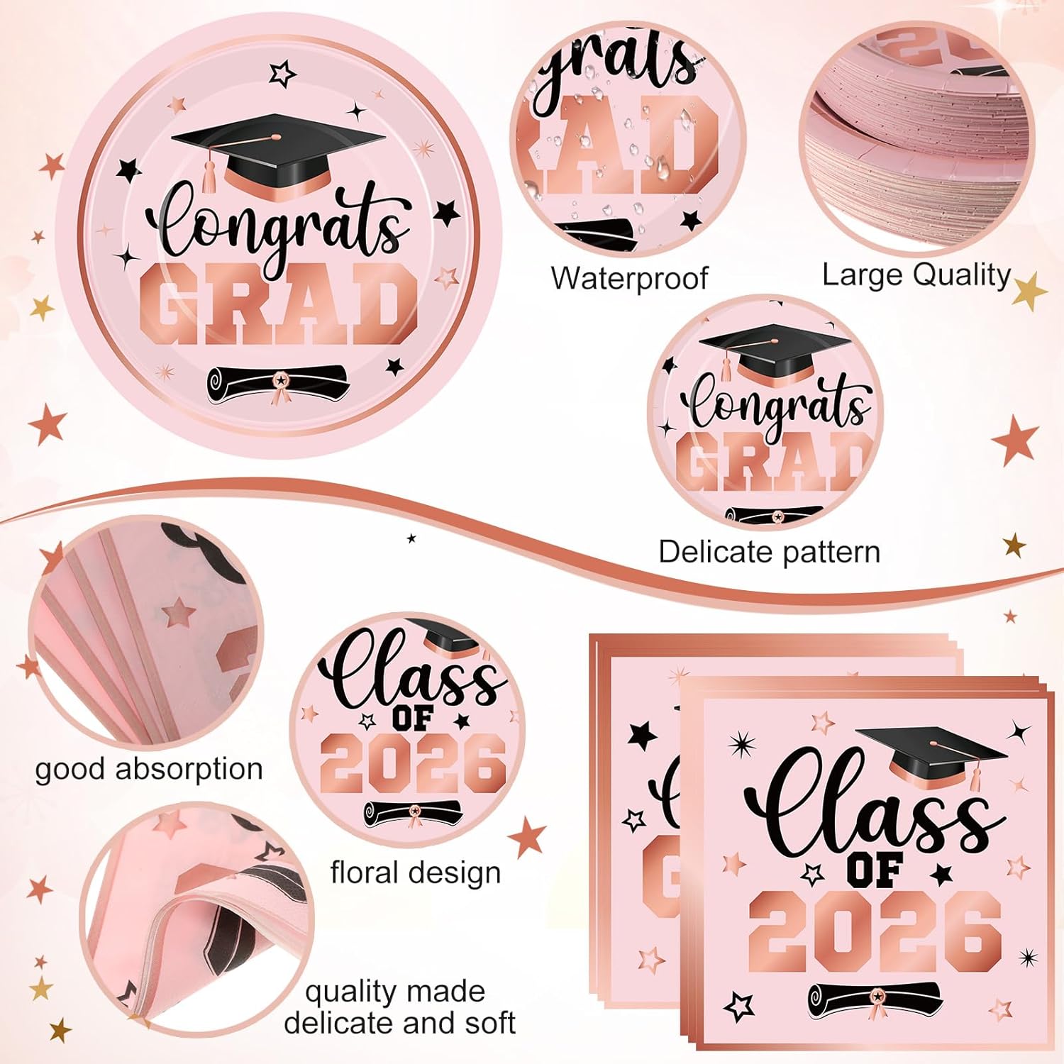 400 Pcs Graduation Party Supplies Class of 2026 Graduation Paper Plate Napkin Cup Cutlery Congrats Grad Disposable Tableware Set for Grad Party Decorations, Serve 50 (Pink,Black)