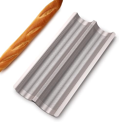 Miniatura 9 de Sartén para baguette, sartenes francesas para hornear, antiadherentes 3 ranuras perforadas italianas para pan, molde de pan francés largo, dorado