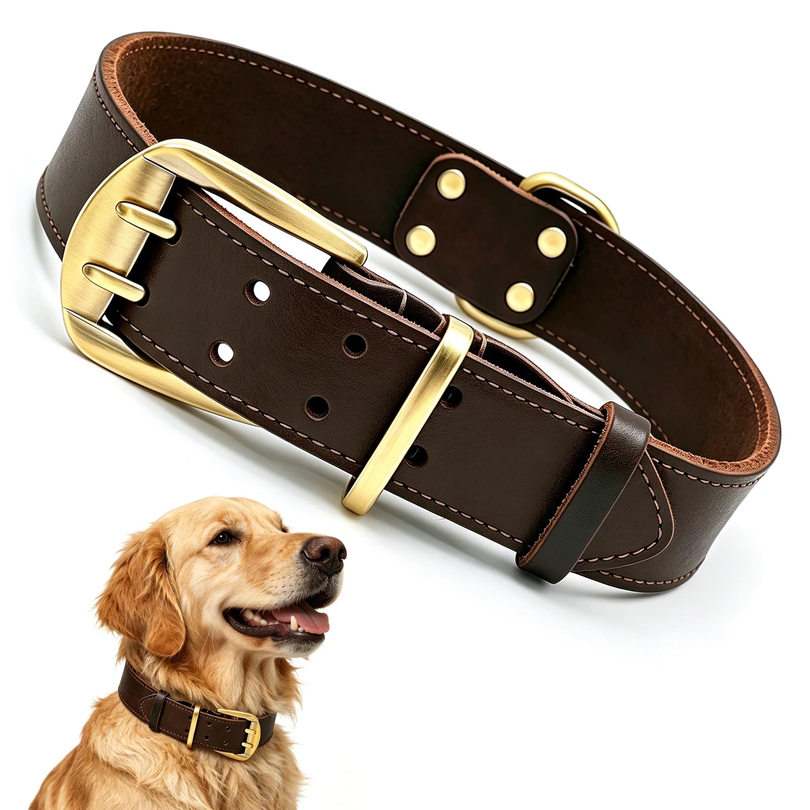 Collar de Cuero para Perros Grandes - Ajustable, Duradero, Suave y Cómodo - con Broche y Anillo en D de Metal Robusto, Marrón, XXL (54-64 cm) | Amplio ajustable, ideal para Rottweiler, Boyero Bernés, Husky y otros Molosos