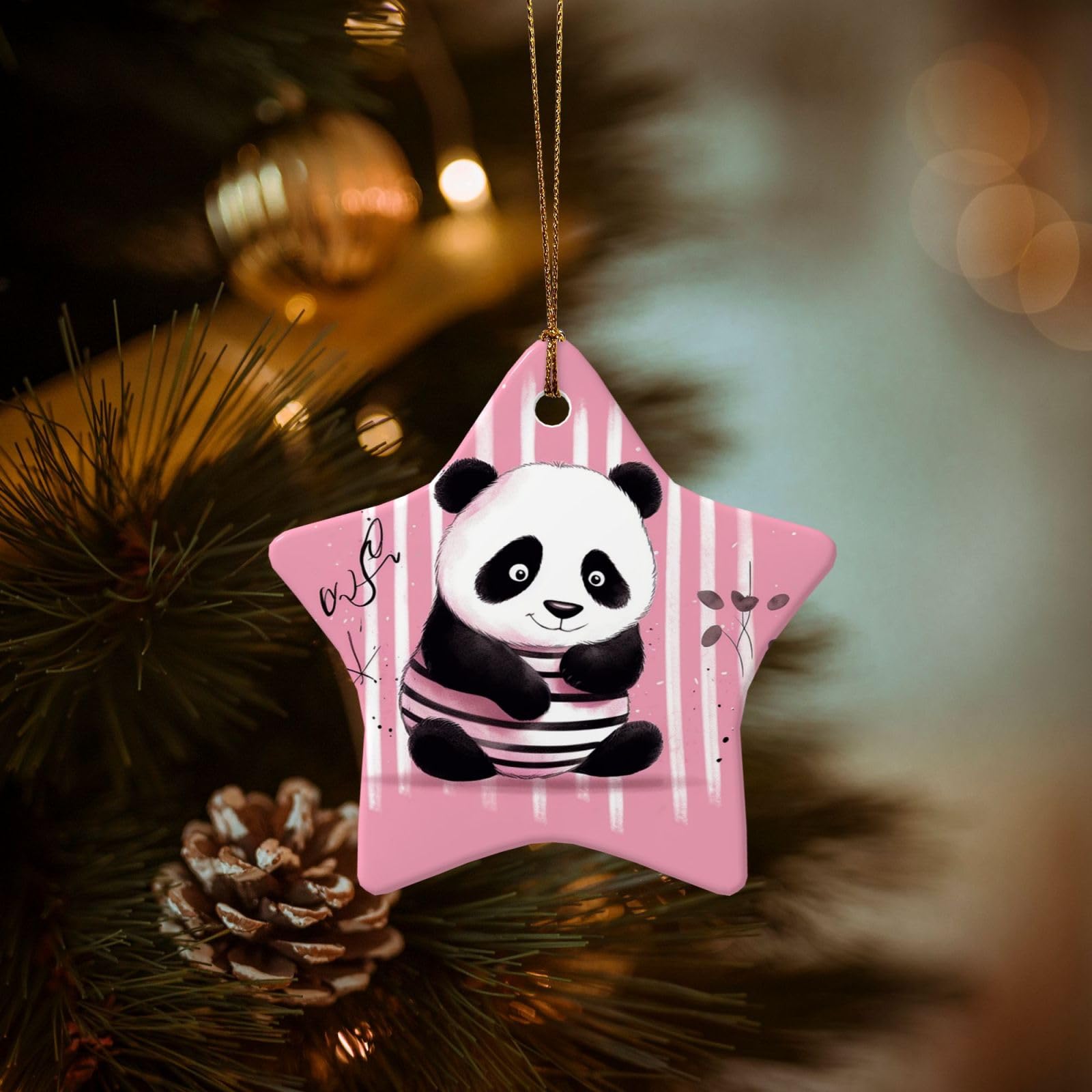 Christmas Tree Ornaments Ceramics Christmas Decorations Striped Panda Ornaments with Gold Ribbon Porcelain Xmas Tree Crafts Star Shape Hanging Pendant for Christmas Tree Party Decor