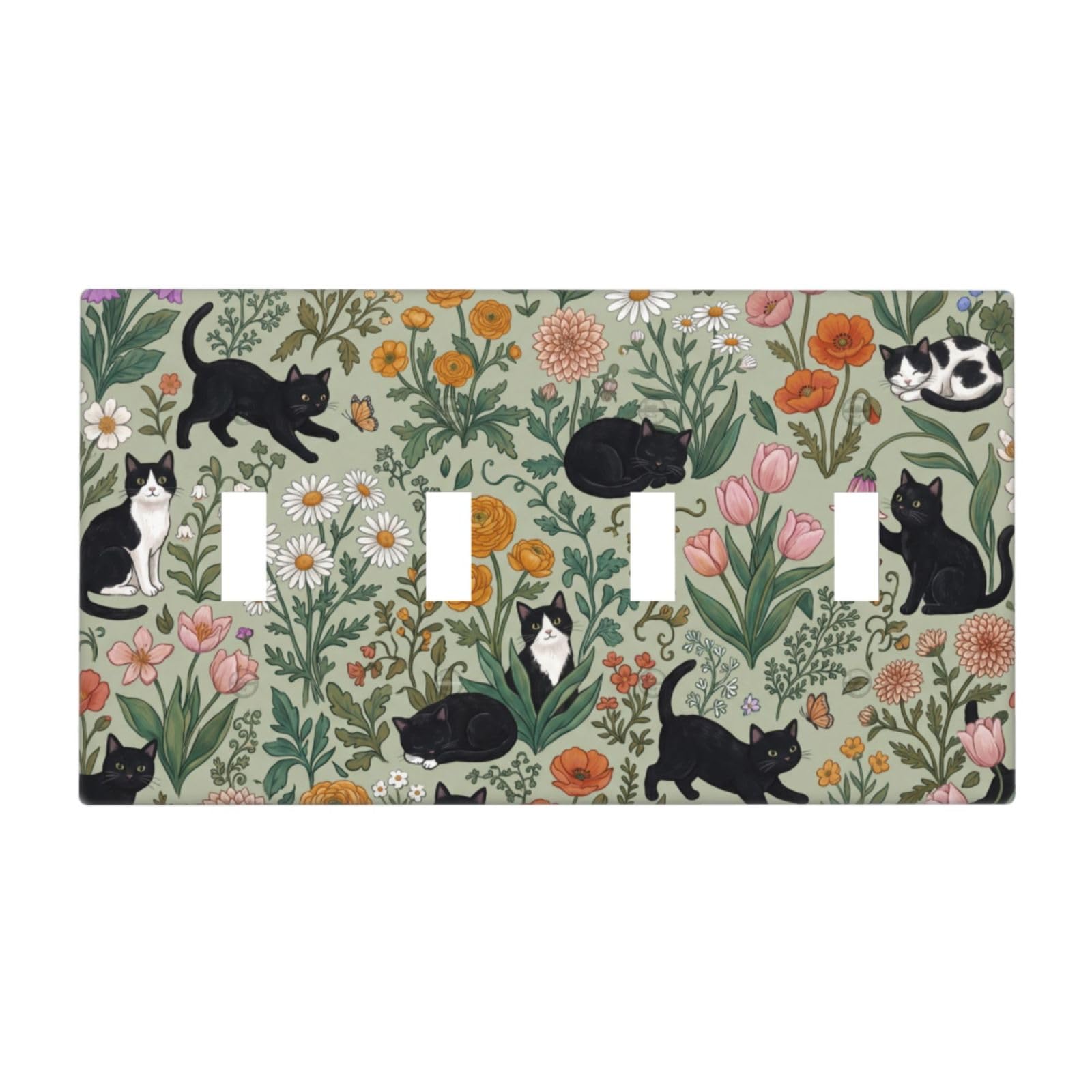 Dwbguo Floral Cat Decorative Light Switch Cover Plate Vintage Botanical Wildflower Cat 4 Gang Wall Plates For Electrical Outlets Quad Toggle Switch Plate Covers Outlet Covers Faceplate For Home Bedroom Decor