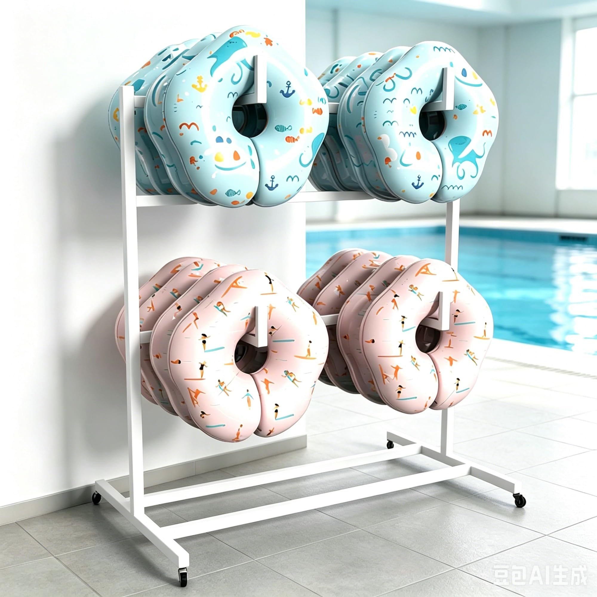 Asiwnshw 2-Tier Pool Float Storage, Outdoor Holder Pool Side Organizer, Rolling Pool Float Storage Organizer w/Wheels & Crossbar, Suitable for Swimming Equipment & Accessories(White,Large)