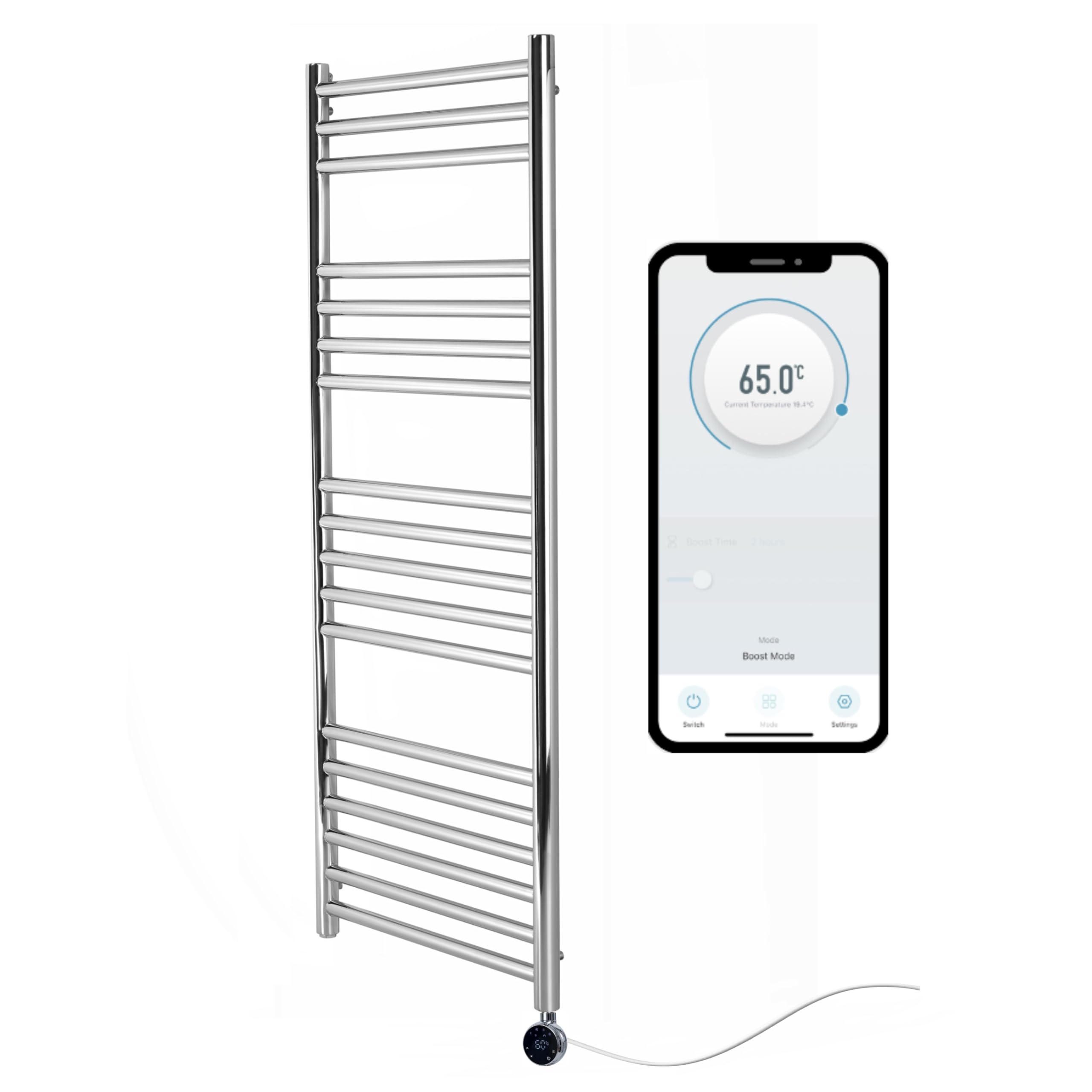 Greened House Electric Boston Heated Towel Rail Smart WiFi Controlled Stainless Steel Flat 7 Day Programmable Timer App Compatibility (Mirror Polished Stainless Steel, 500mm W x 1000mm H)