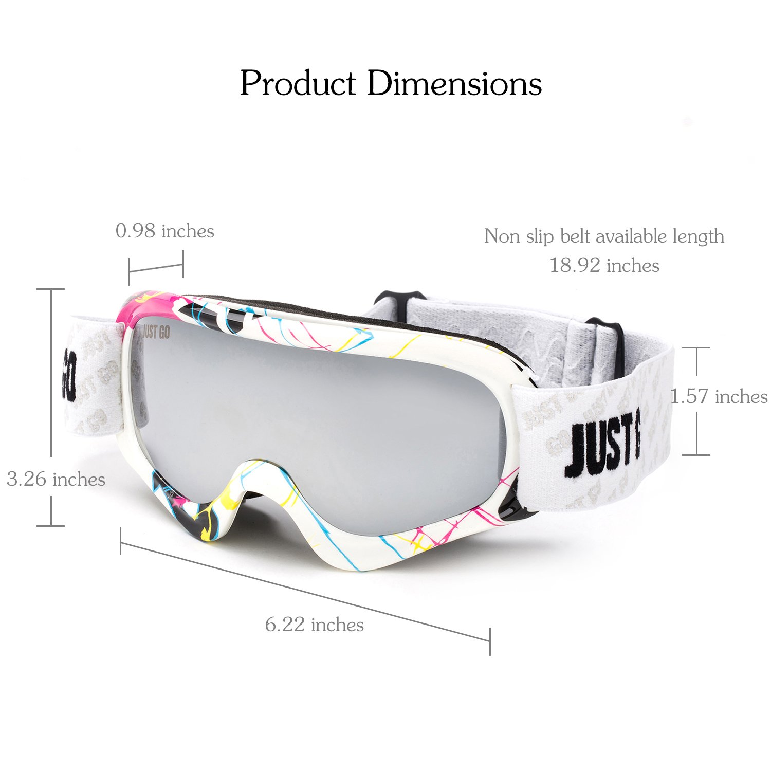 JUST GO Gogle narciarskie dla dzieci z etui EVA, gogle snowboardowe, przeciwmgielne, dwuwarstwowe soczewki ochronne UV 400, dla chłopców i dziewczynek, wielokolorowa ramka, srebrne soczewki (VLT 13,2%