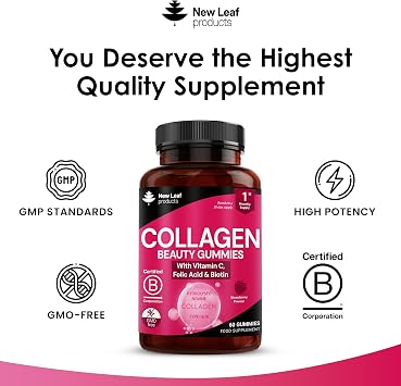 Collagen Gummies - High Strength Type l Bovine Collagen Beauty Supplement - Advanced Superior Type 1 Hydrolysed Collagen Peptides - Added Biotin, Vitamin C & Folic - 60 Gummies