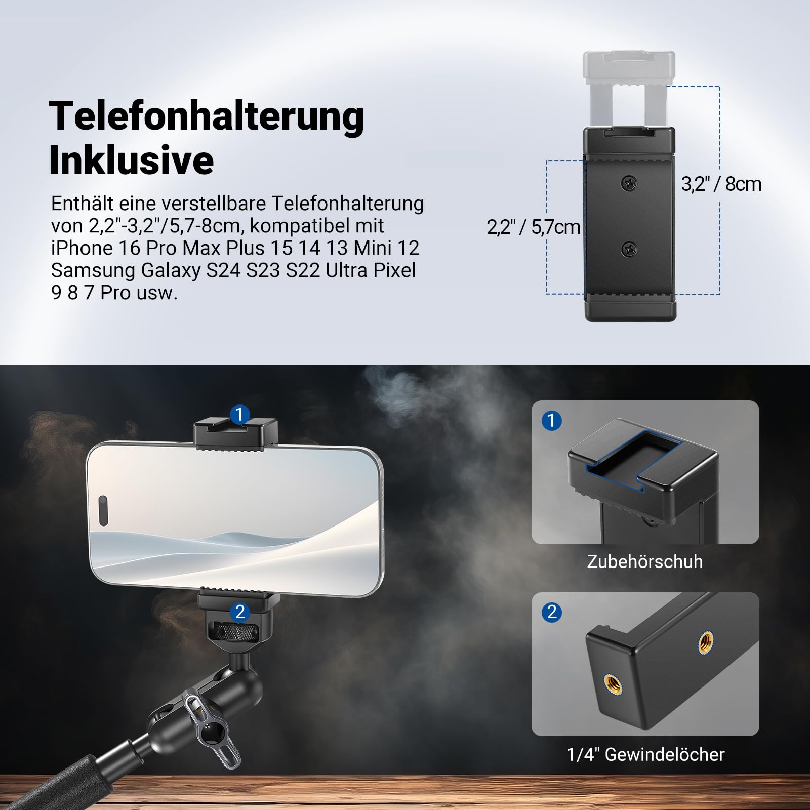 NEEWER 22" Magic Arm mit Klemme, Überkopf Tischkamera Telefonhalterung mit Doppel Kugelkopf Gelenkarm, 1/4" 3/8" Gewinde, Telefonhalter kompatibel mit iPhone DSLR Action Kamera Videoleuchte, UA057