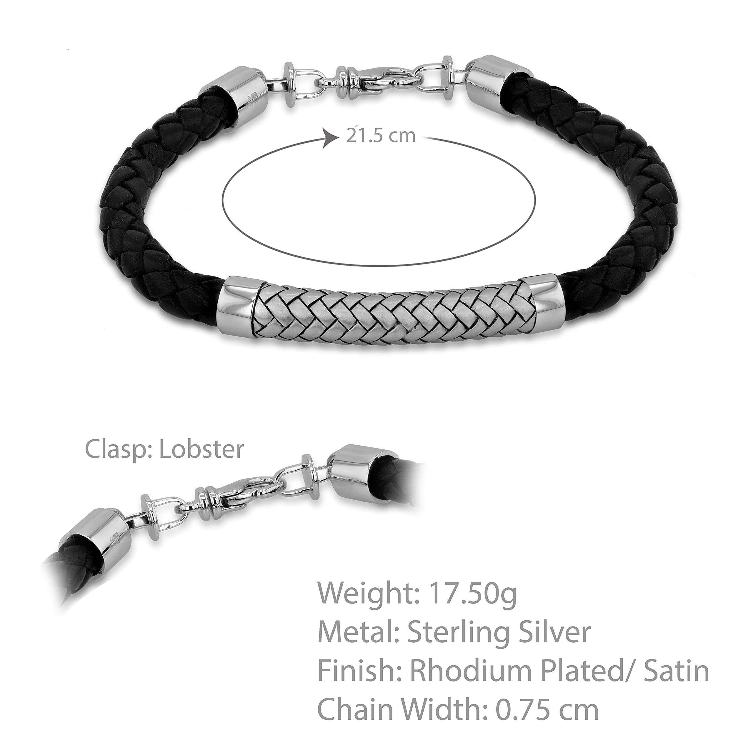 Tuscany Silver Pulsera de Plata de Ley de 7.5 mm con Cuero Negro y Satén en Espinapez para Hombre de 21.5cm/8.5"