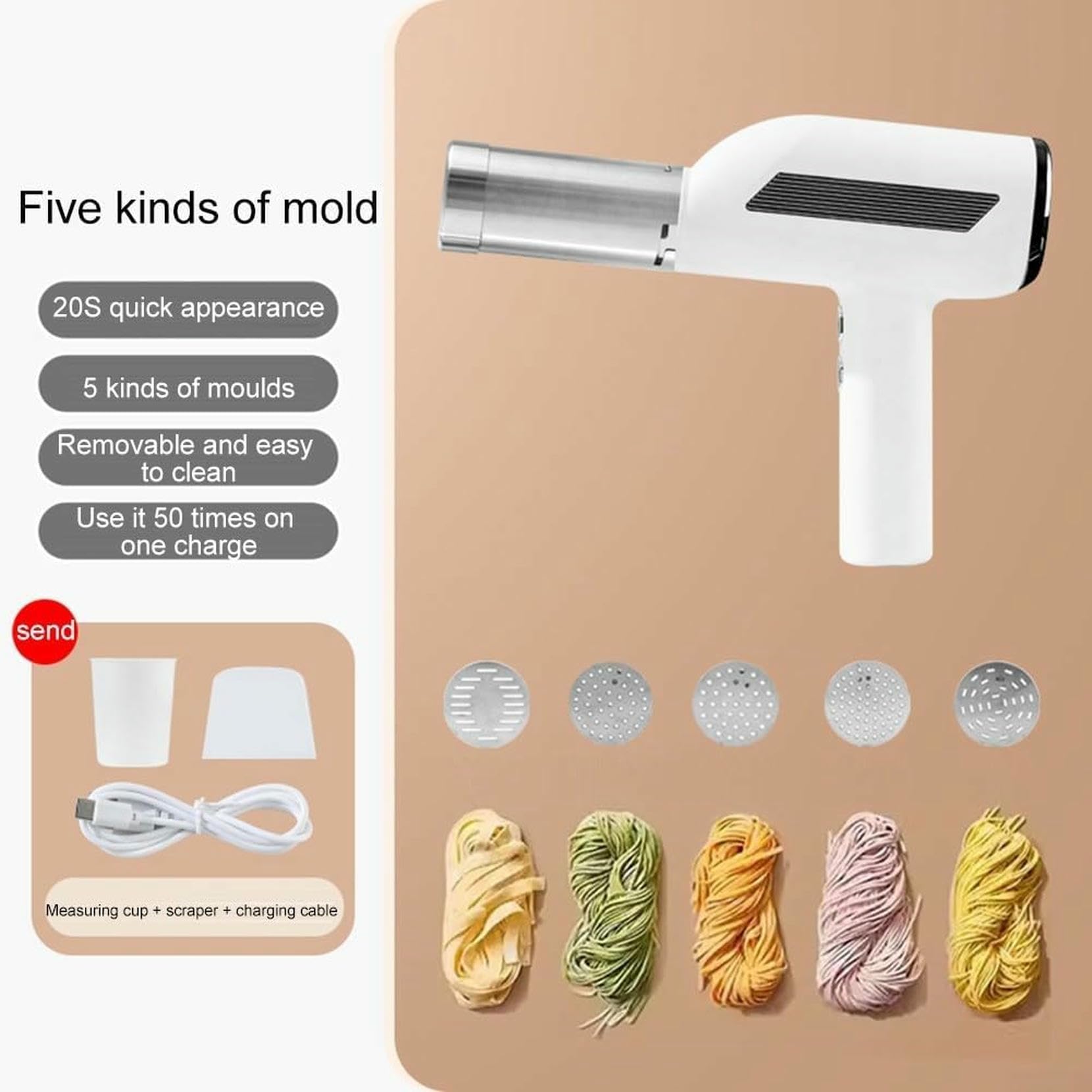 Machine à pâtes électrique portable sans fil pour spaghettis faits maison, fettuccine, ramen – Facile à utiliser et à nettoyer