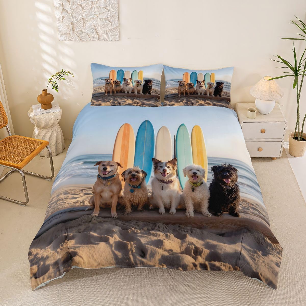 Erosebridal Kawaii Beach Dog Bedding Set Full Coastal Colorful Surfboard Duvet Cover Surf Pet Lovers Room Decor Comforter Cover,Summer Beach Sports Bed Set