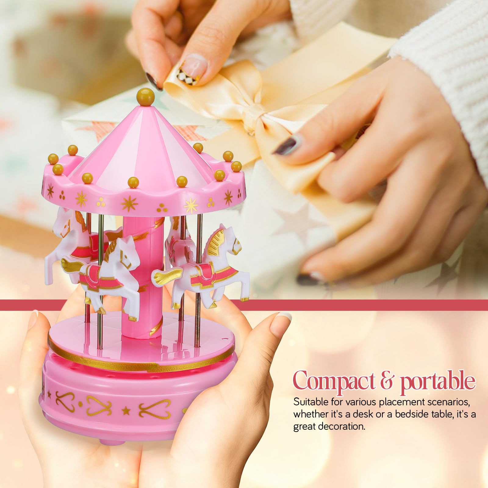 Holibanna Caja de Música y Artesanía Exquisita de Carrusel Rosa Portátil y Fácil de Operar Diseño Romántico para Obsequio en Navidad y Año