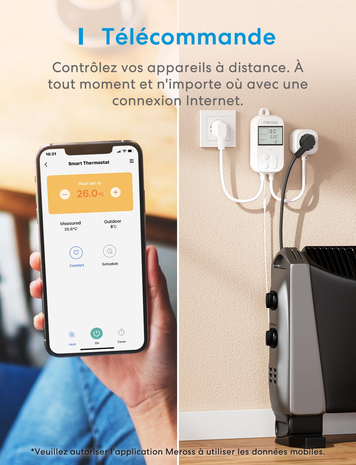 Meross Prise Thermostat Connectée WiFi pour Reptile Terrarium, ±0.5°C avec Sonde IP68, Régulateur Chauffage Refroidissement Compatible HomeKit Alexa, Contrôle à Distance pour Incubateur Serre