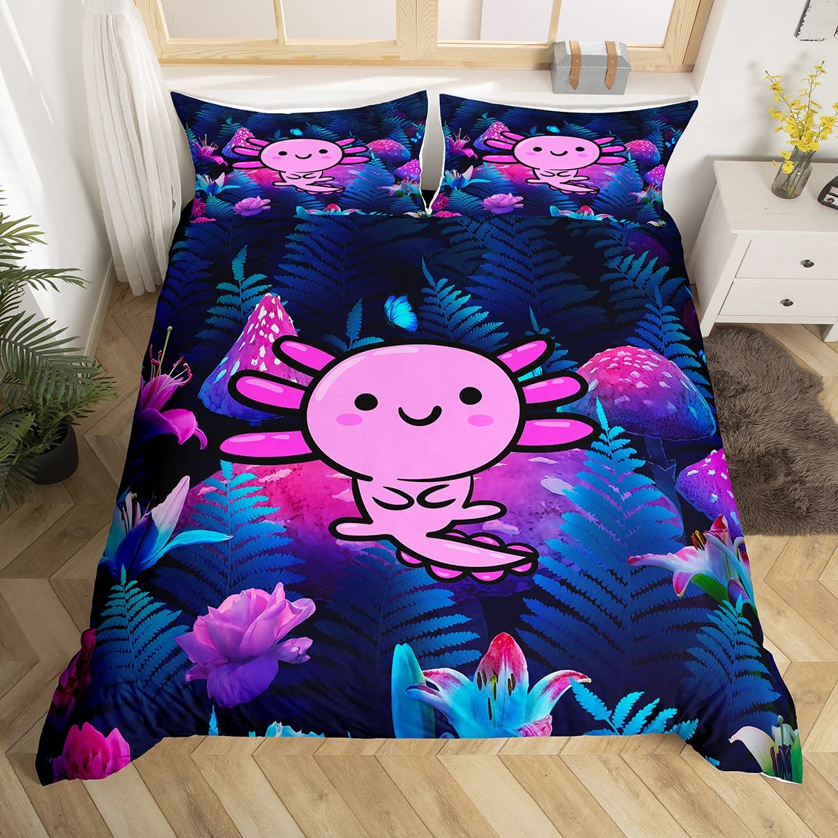 Loussiesd Cute Axolotl Bedding Set for Kids Boys Super King Bedroom Cartoon Salamander Bed Duvet Cover Set,Mushroom Leaves Comforter Cover Purple Pink Blue Decor 3 Pieces 1 Duvet Cover