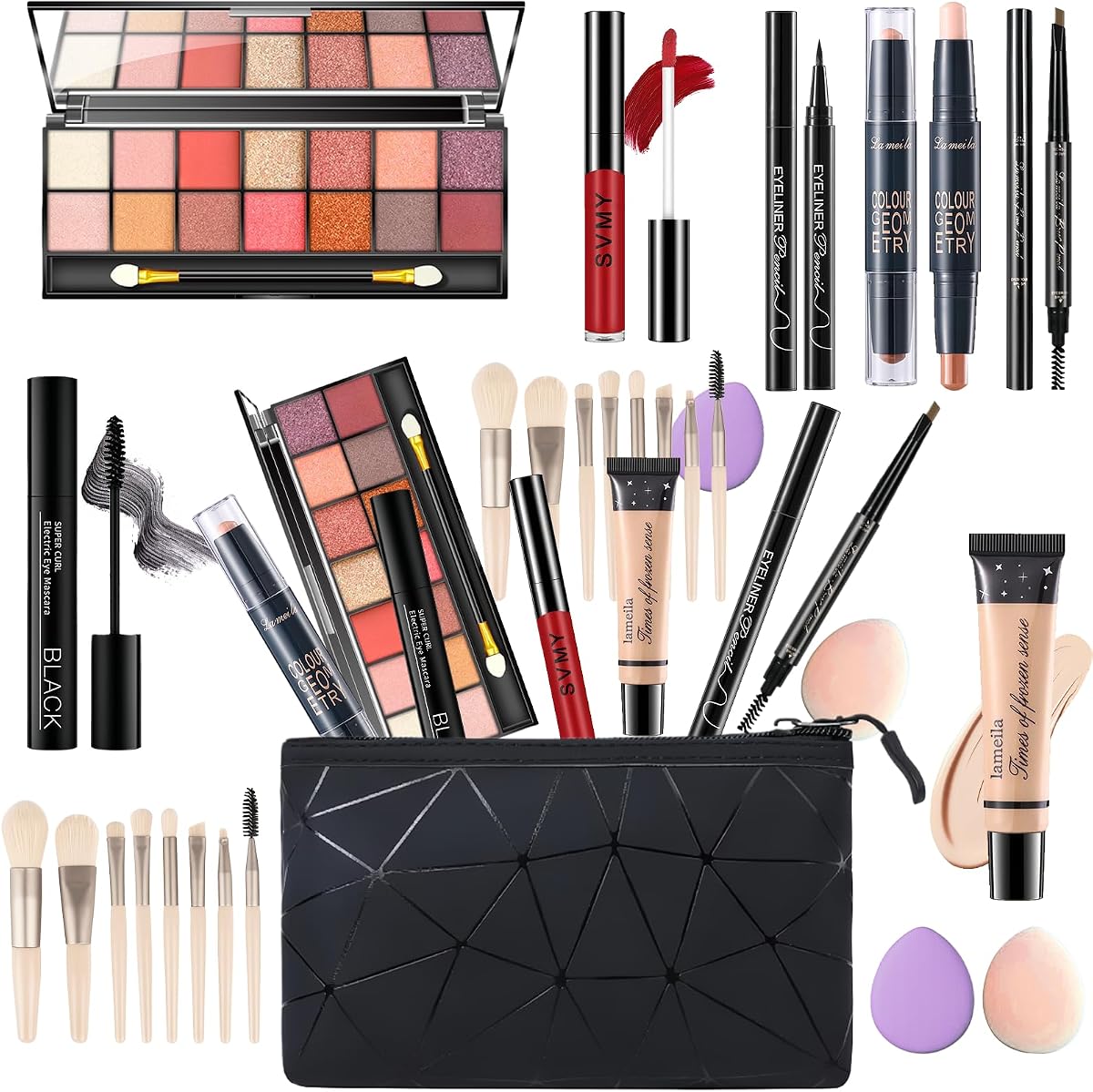Set de maquillaje para mujer, kit de maquillaje para mujer, kit completo, set de maquillaje de viaje, set de regalo de maquillaje para niñas, paleta de sombras de ojos de 14 colores, 2 brillos de labios, polvo para cejas, barra de contorno, maquillaje facial 04