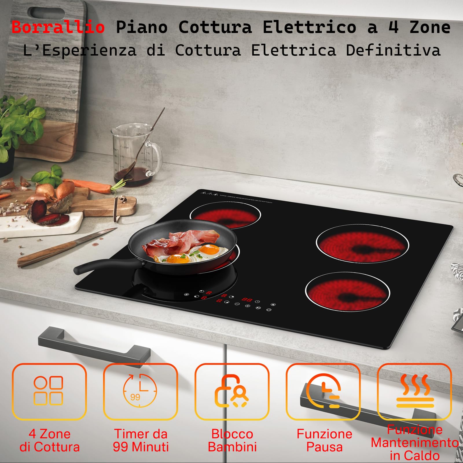 Piano Cottura Elettrico 60cm Da Incasso, Fornello Elettrico 4 Zone 6000W Con Timer, 9 Livelli Di Potenza, Blocco Di Sicurezza, Controllo Touch In Vetro Nero, Piastra Elettrica