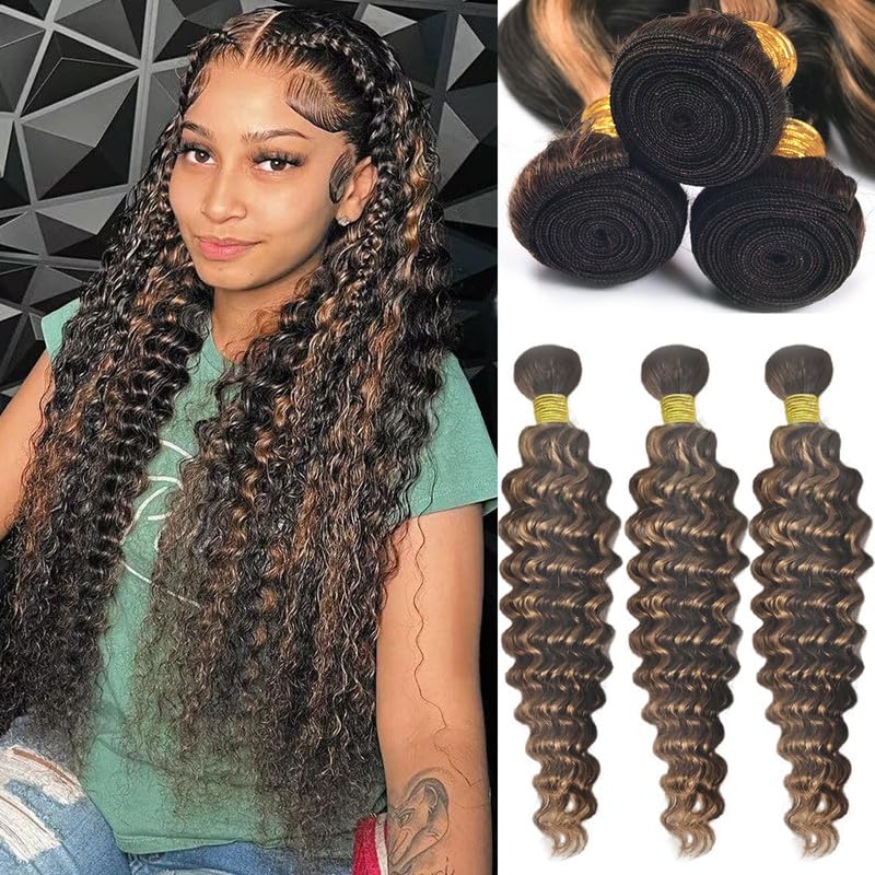 14 16 18 Inch P1B30 Highlight Brown Bundles Highlight Deep Wave Bundle Human Hair Double Weft 3 Bundles Hair Weave for Women（300g/Pack）