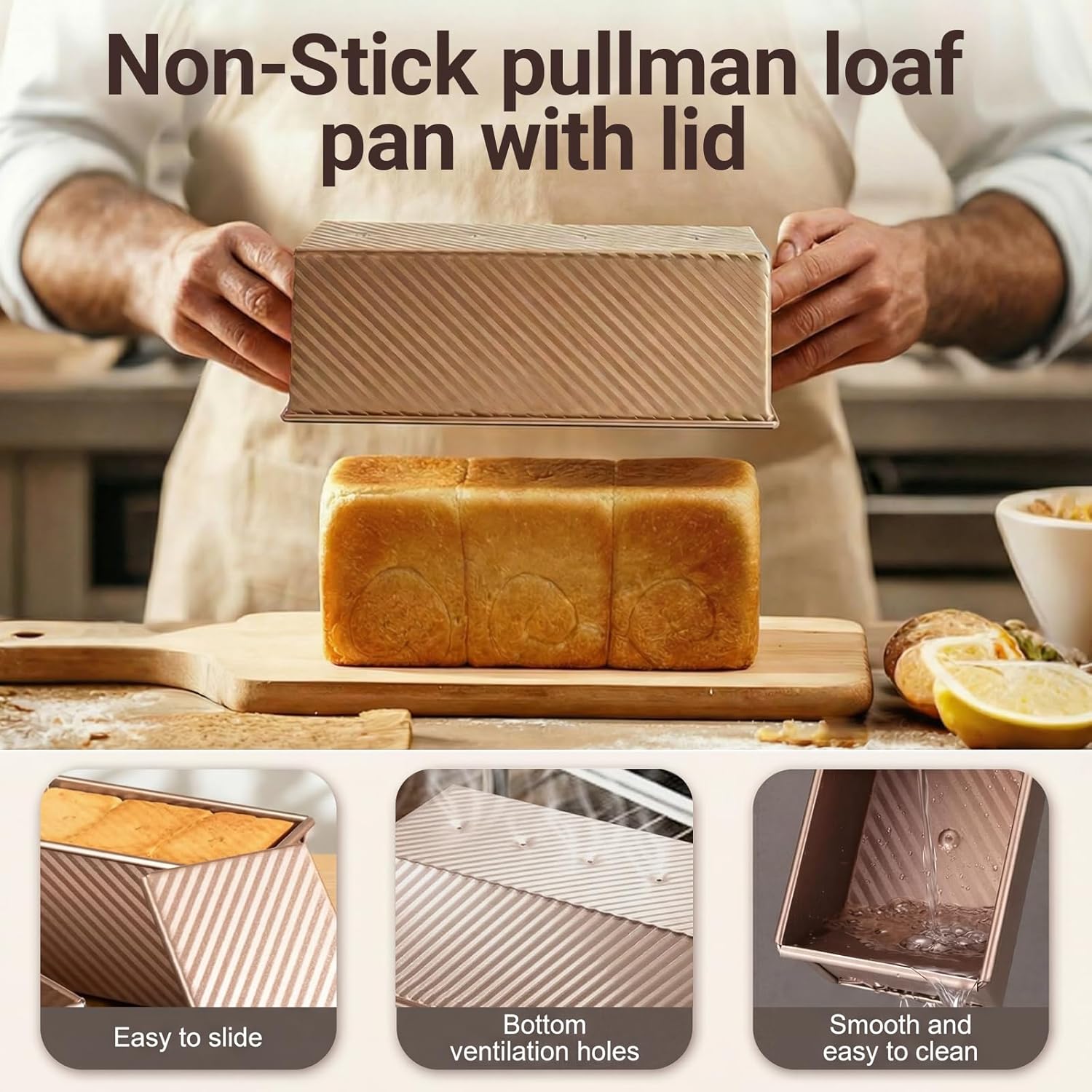 2 Pcs Pullman Loaf Pan with Lid, 2.2lb Nonstick Carbon Steel Bread Pan for Sandwich & Sourdough, Rectangular Corrugated Toast for Oven Baking, Heavy Duty, Send Goods from Local Warehouse