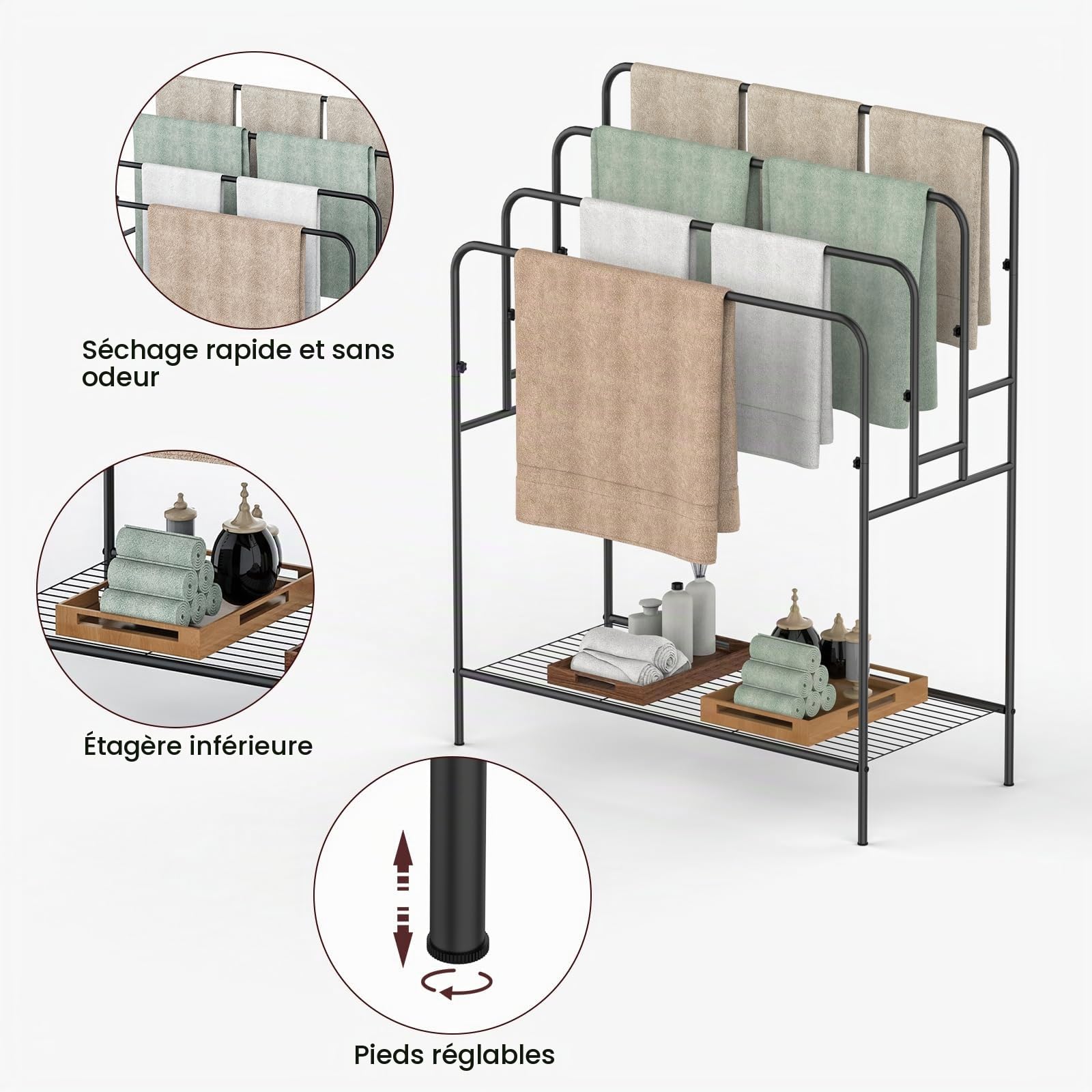 Porte-serviettes autoportant pour salle de bain, support de courtepointe pour salon, piscine extérieure, séchage de serviettes pour salle de bain, support d'échelle à 4 niveaux pour serviette de bain