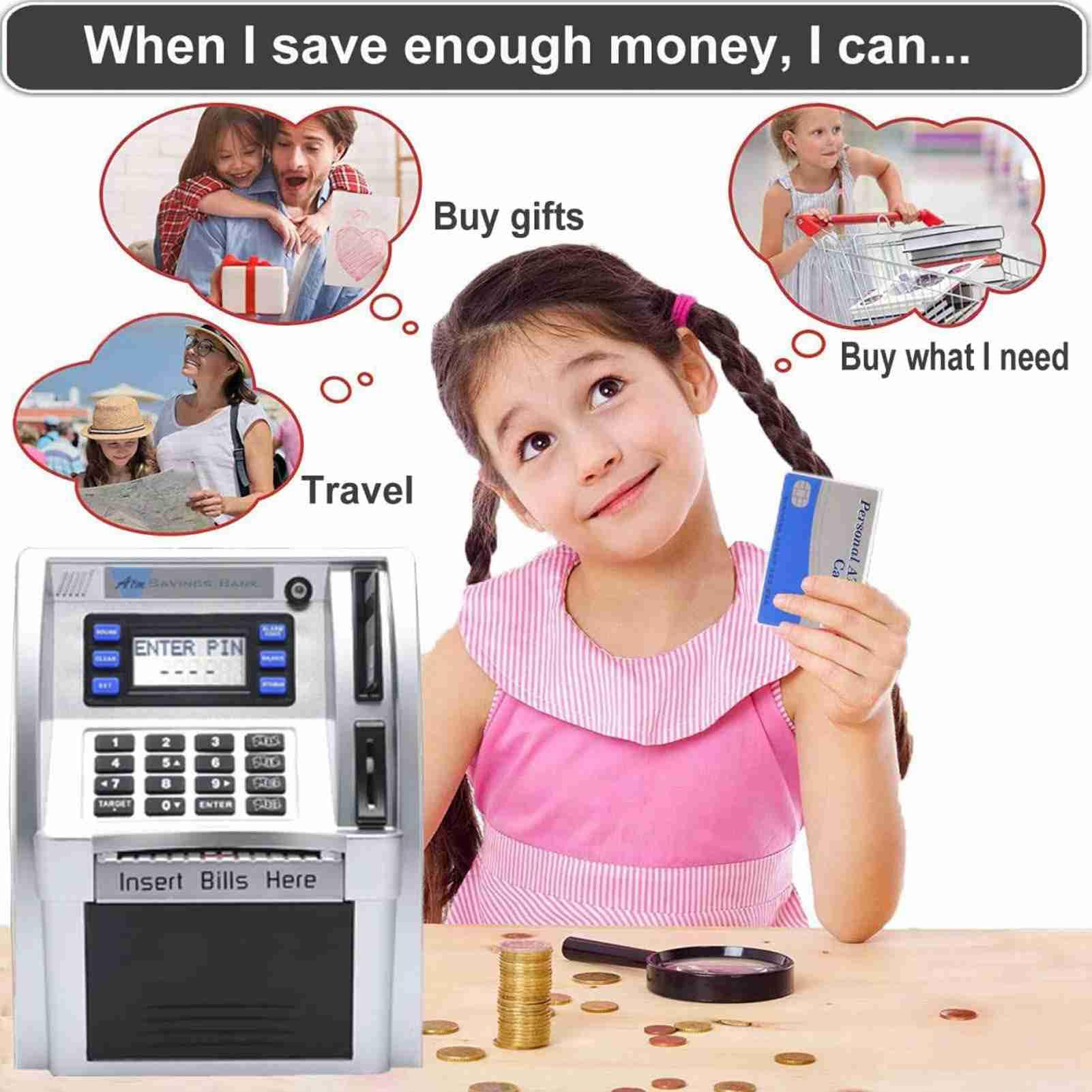 Aramox Salvadanaio Elettronico ATM, Contenitore per Monete in Contanti con Password ABS con Schermo LCD, Conteggio Monete e Slot per Banconote a Scorrimento Automatico, Obiettivo di Risparmio Fino a