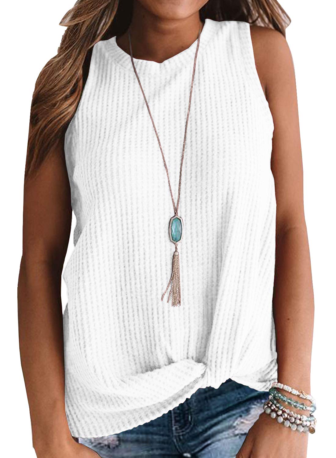 IWOLLENCE Womens Waffle Knit Tunic Casual Blouse Sleeveless Cute Twist Knot Tank Tops