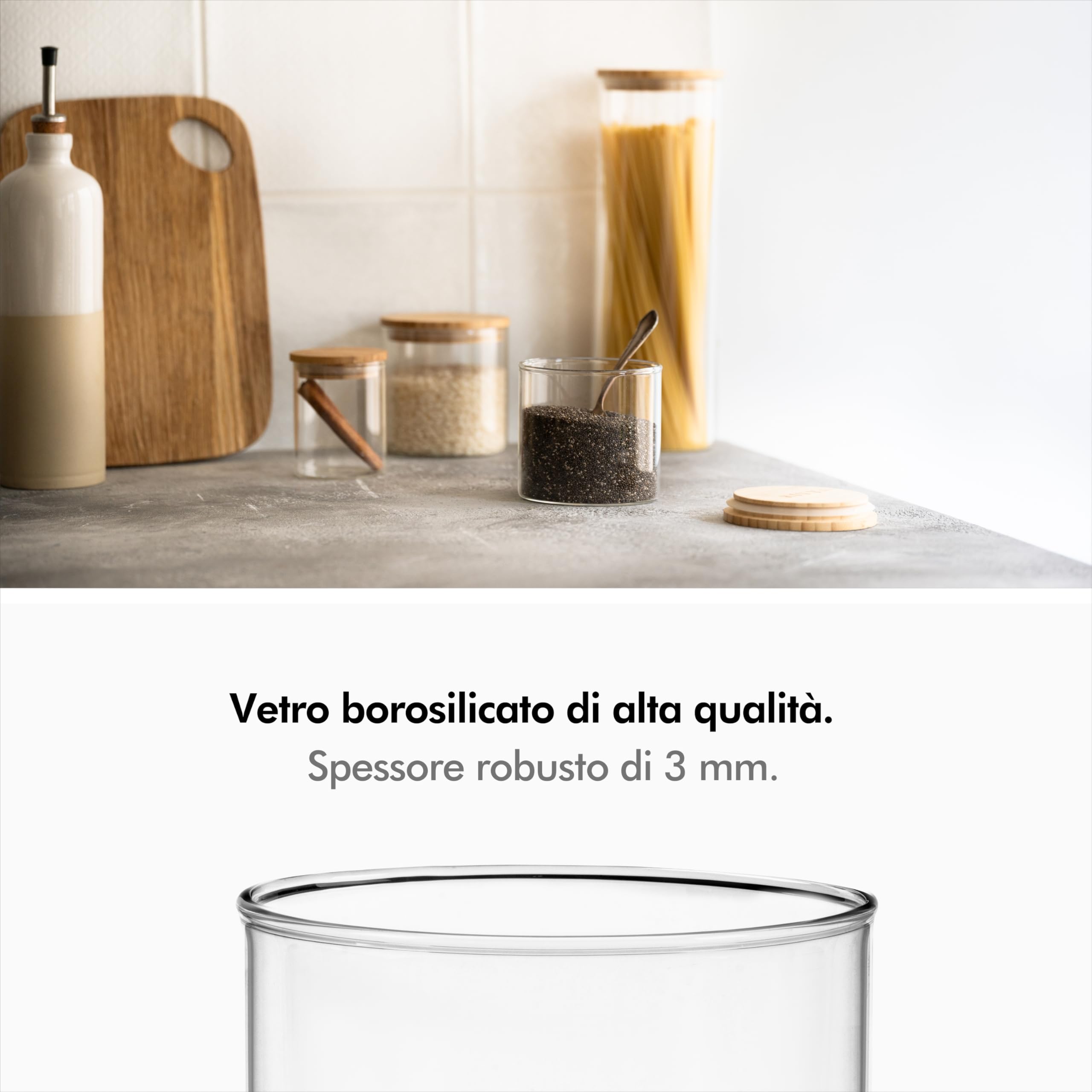 KIVY Barattoli Vetro Ermetici [4x 600ml] - Barattolo Vetro con Coperchio - Barattolo Sale Zucchero Caffè - Barattoli Cucina in Bambù - Contenitore Sale - Porta Pasta con Coperchio