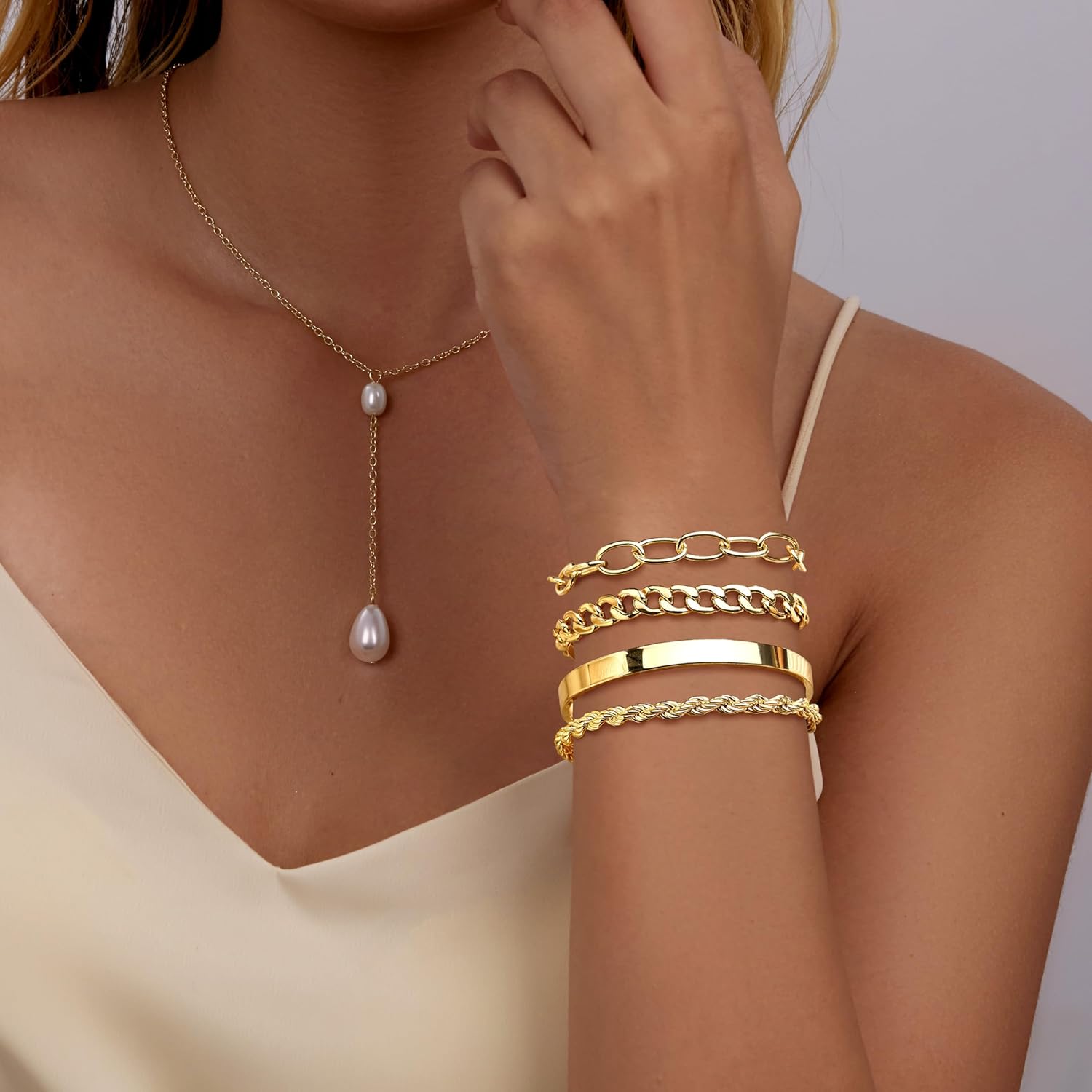 Gold Chunky Stack Bracelets for Women Non Tarnish, 14K Gold Plated Bracelets Set for Women Stackable, Waterproof Layered Trendy Dainty Cuff Cuban Link Chain Paperclip Bracelet Pack for Jewelry Gifts - Image 6