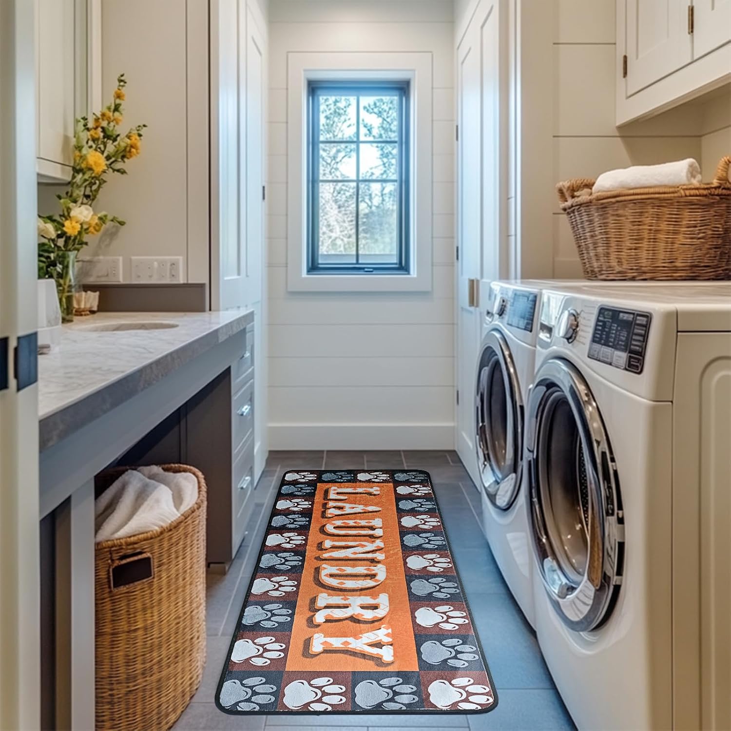 Laundry Room Rug 20"x47" TPR Non-Slip Runner Rug Laundry Rugs Organization Farmhouse Laundry Corridor Dog paw Floor mat,Laundry Room Decor for Laundry, Kitchen, Bathroom and Farmhouse Charm