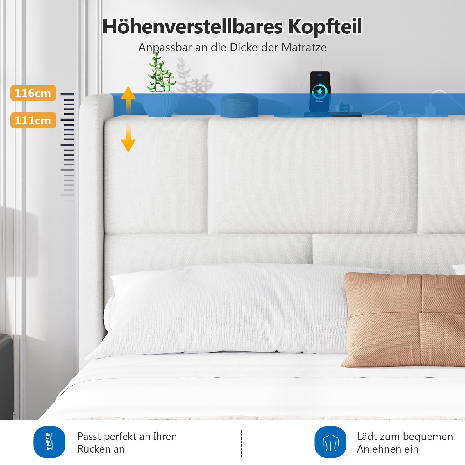 Polsterbett 140x200 cm mit hydraulischem Bettkasten und höhenverstellbarem Kopfteil, Ladestation (2 AC-Steckdosen, 1 USB-A, 1 USB-C Anschluss) Bett 140x200 mit Stauraum, Doppelbett Jugendbett, Weiß