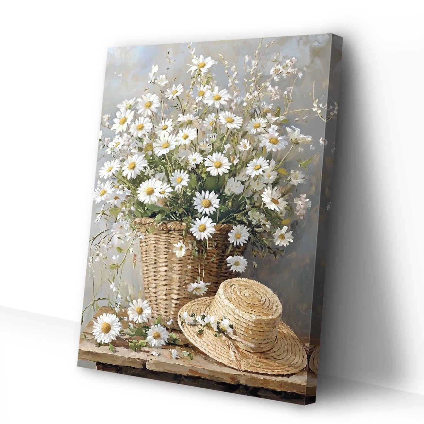 CCWACPP Daisy Canvas Wall Art Rustic Flower Wall Decor White Daisy Picture Farmhouse Floral Prints Vintage Country Kitchen Bedroom Decor Framed (40L x 60W cm)