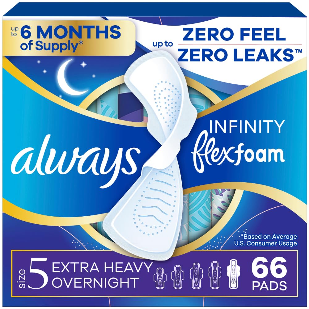Always Infinity Feminine Pads For Women, Size 5 Extra Heavy Overnight Absorbency, Multipack, With Flexfoam, With Wings, Unscented, 22 Count x 3 Packs (66 Count total)
