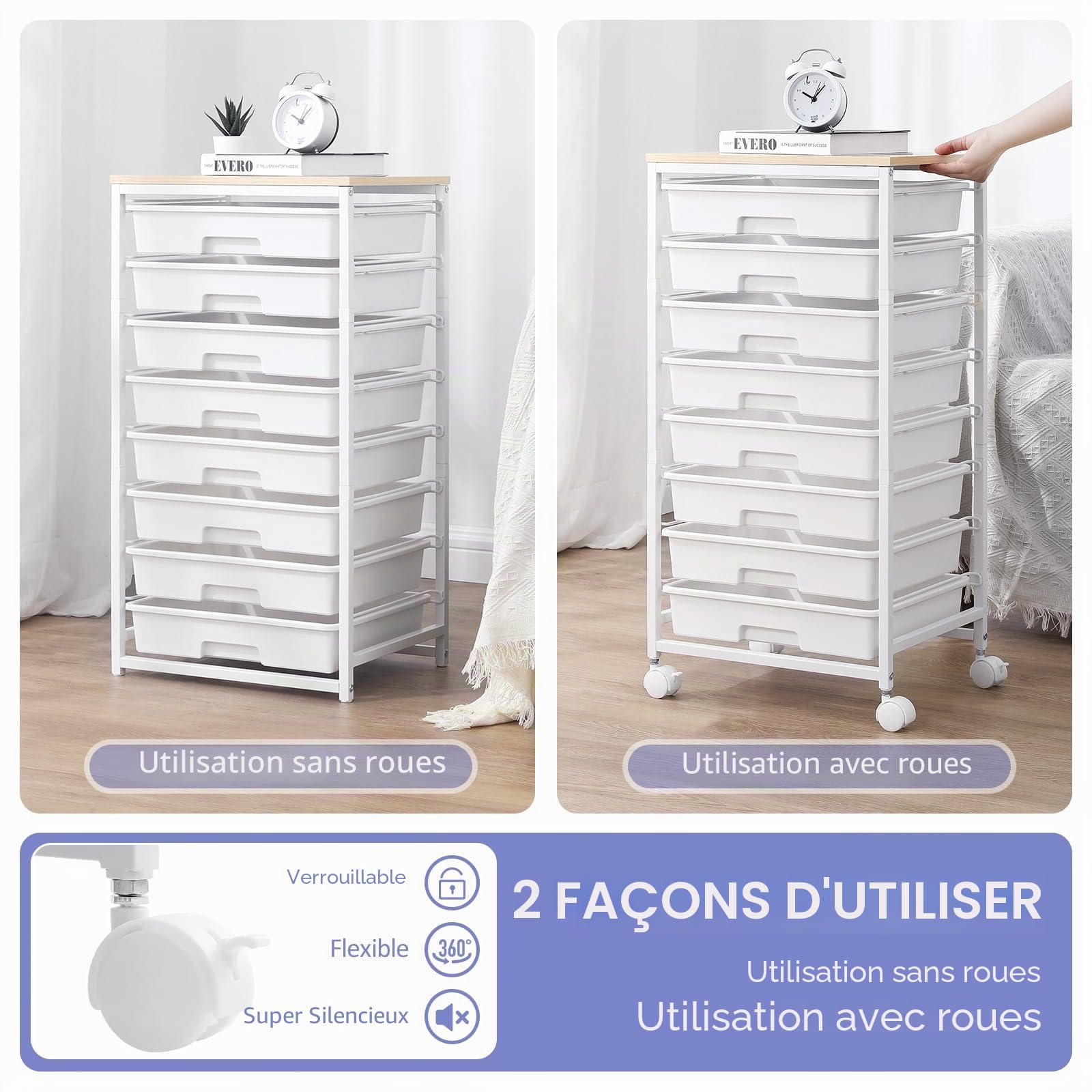 SYKIARIOL Chariot de rangement utilitaire à 8 tiroirs, chariot de rangement utilitaire sur roues verrouillables avec tiroirs en plastique, unité de rangement mobile multifonction pour salon, chambre