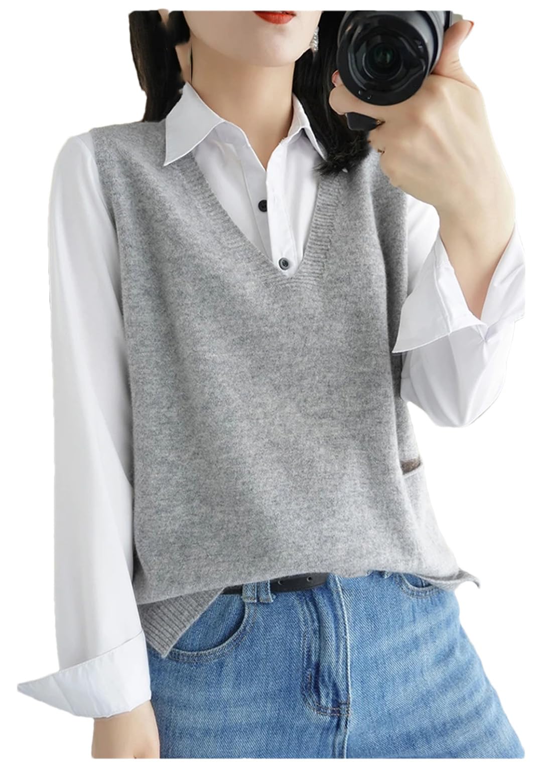 Damen Merino Wolle Weste Ärmellos Strickweste Loose Pocket Vest