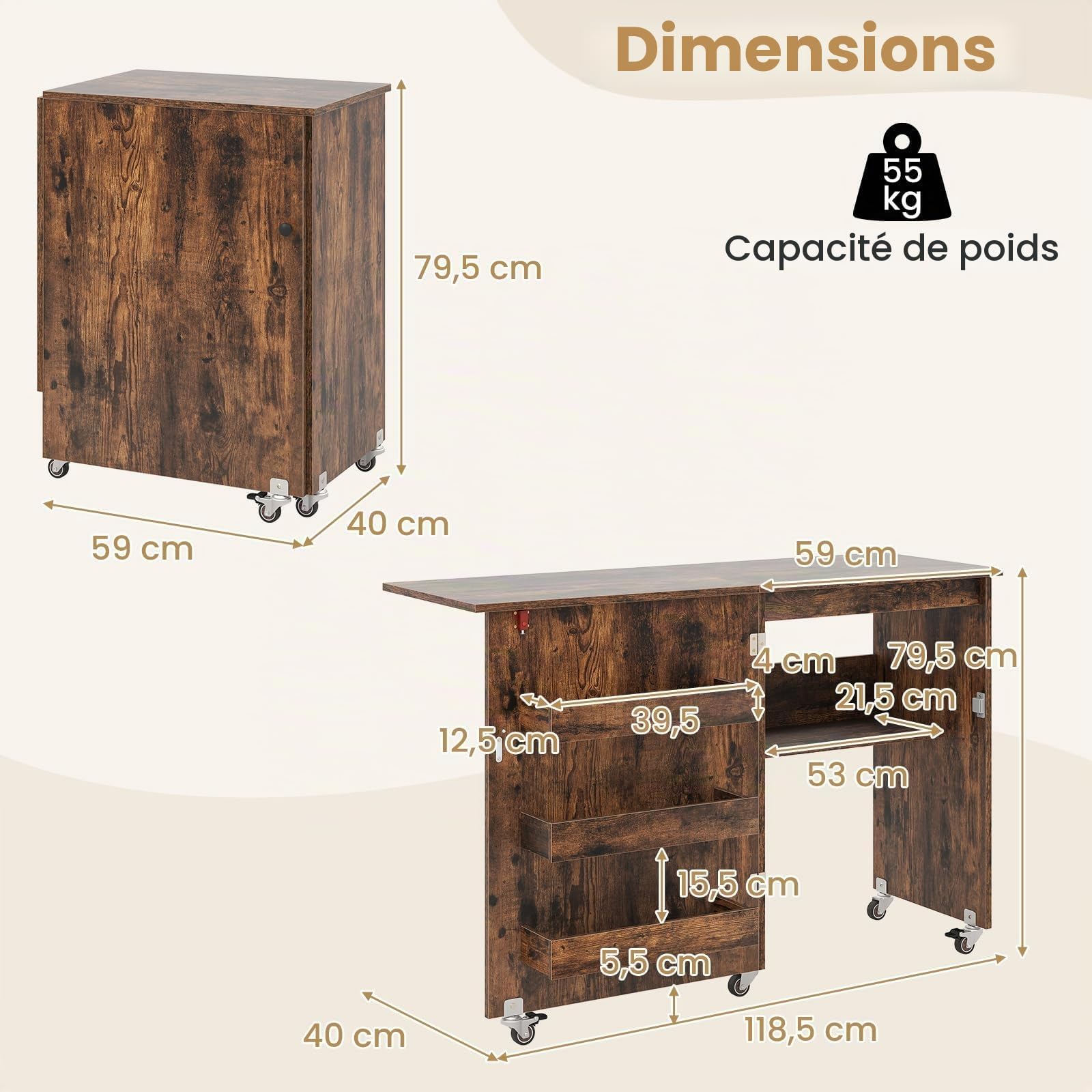 FANTASK Table de Couture et Bureau Pliable avec 3 étagères, Armoire de Machine à Coudre 2 en 1 pour bobines et roulettes verrouillables, Armoire à Couture en Bois pour Bureau, Salon et Chambre à