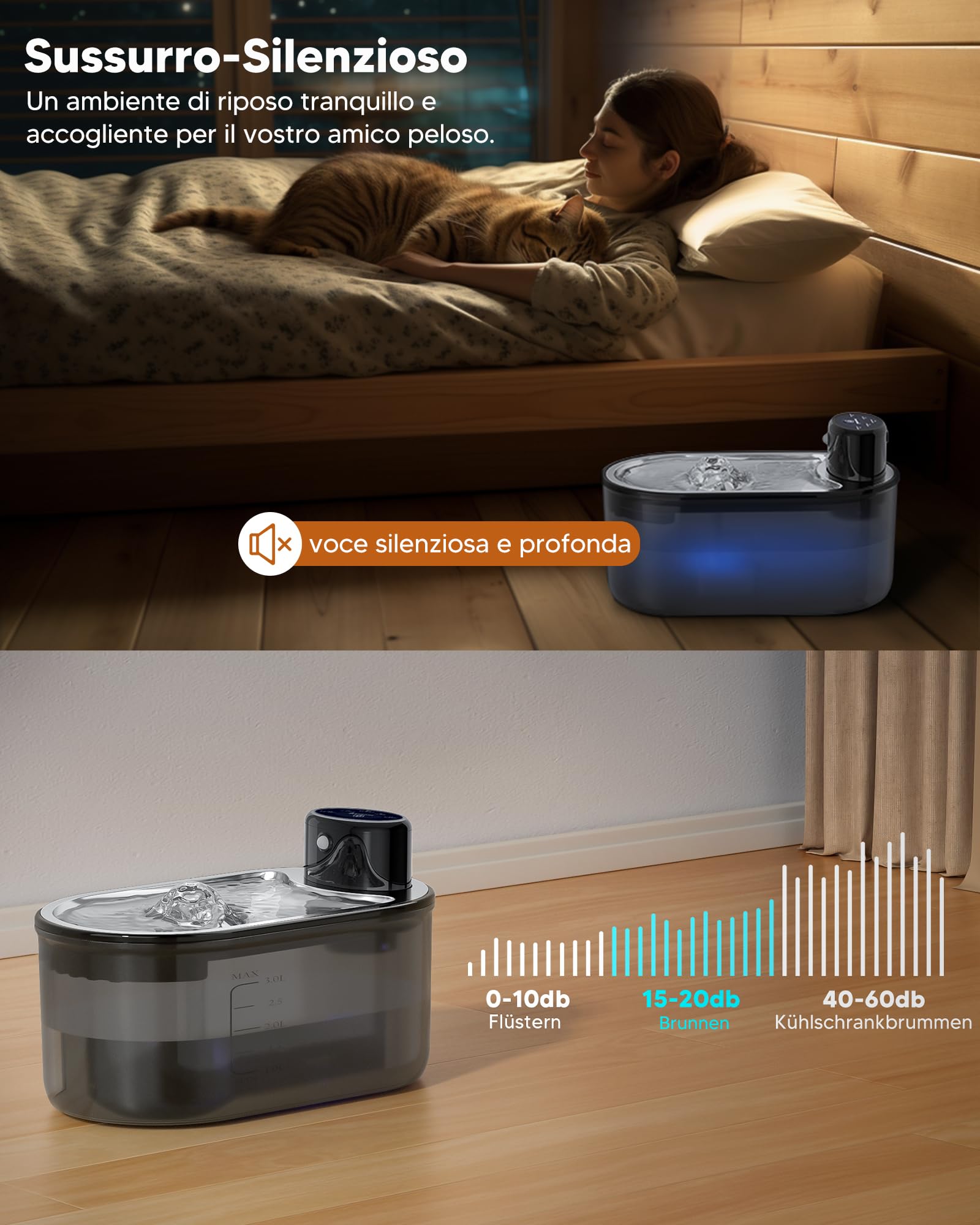TOMXCUTE Fontanella per Gatti 3L con Batteria 5000mAh | Ciotola in acciaio inox, sensore di movimento e distribuzione automatica dell'acqua.