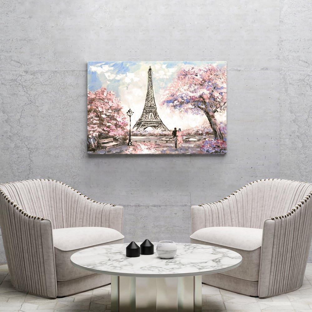 Visual Art Decor Pink Paris Canvas Wall Art Romance Couple Pink Blossoming Eiffel Tower Picture Canvas Prints Wall Art iving Room Bedroom Decoration